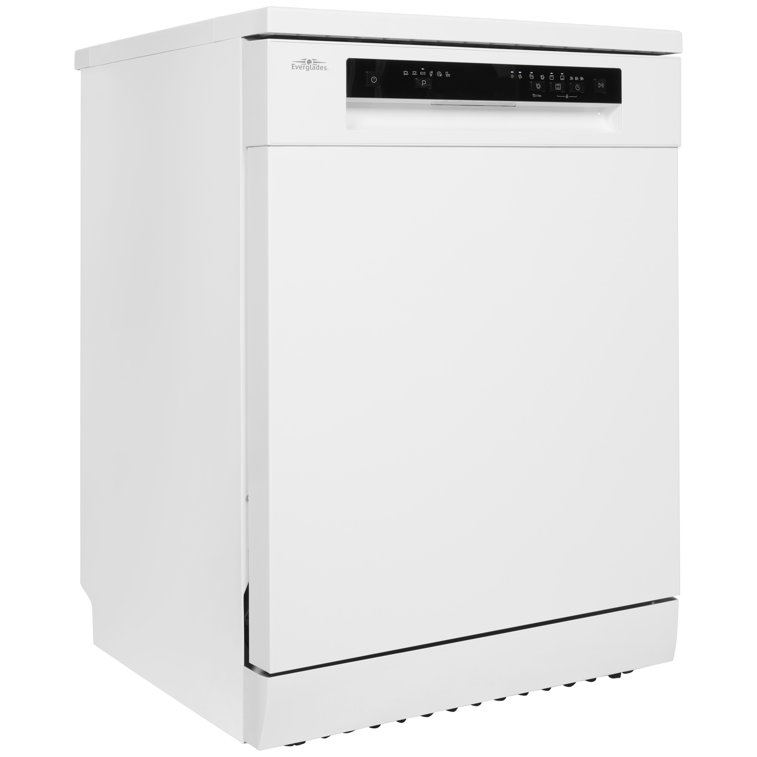 A white dishwasher with a digital display and control buttons.