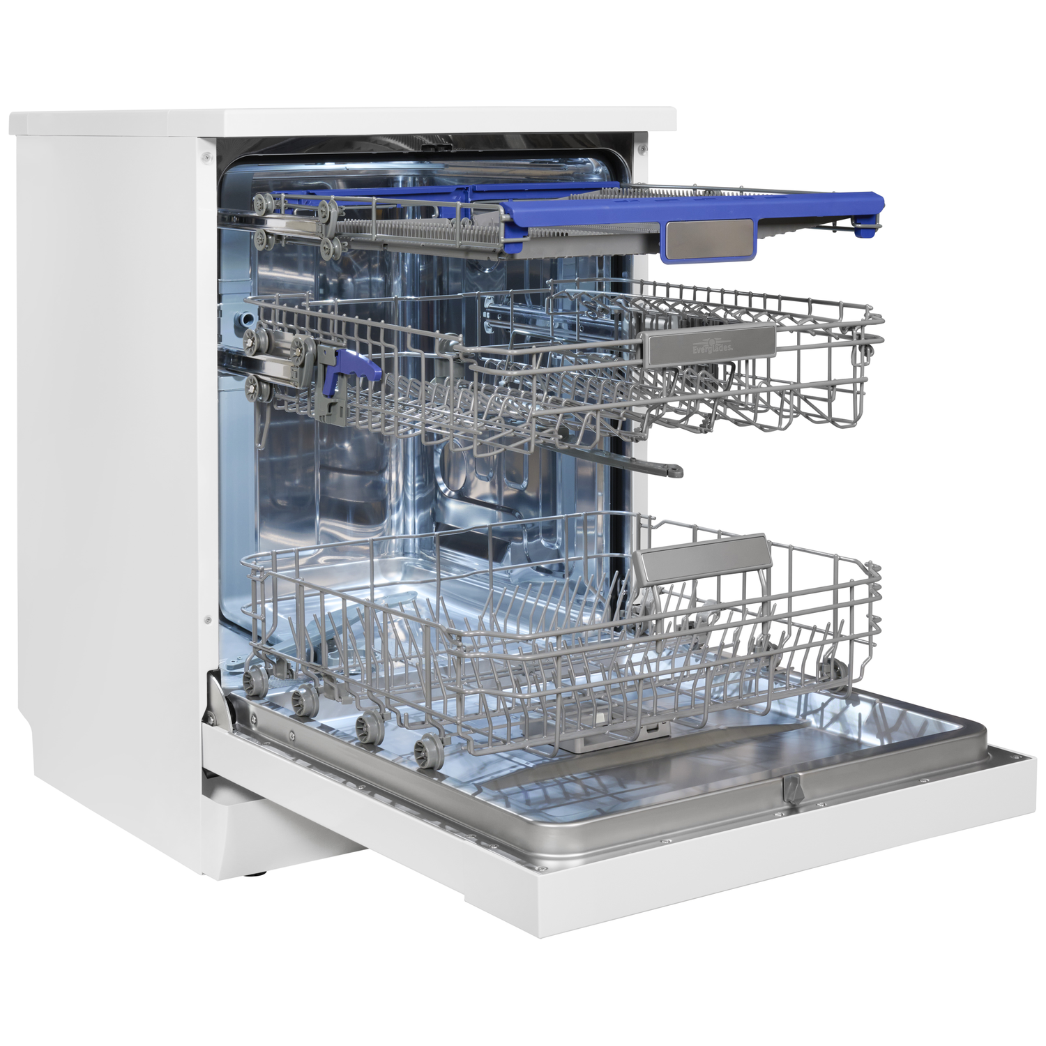 A white dishwasher with open door showing silver racks and blue elements.