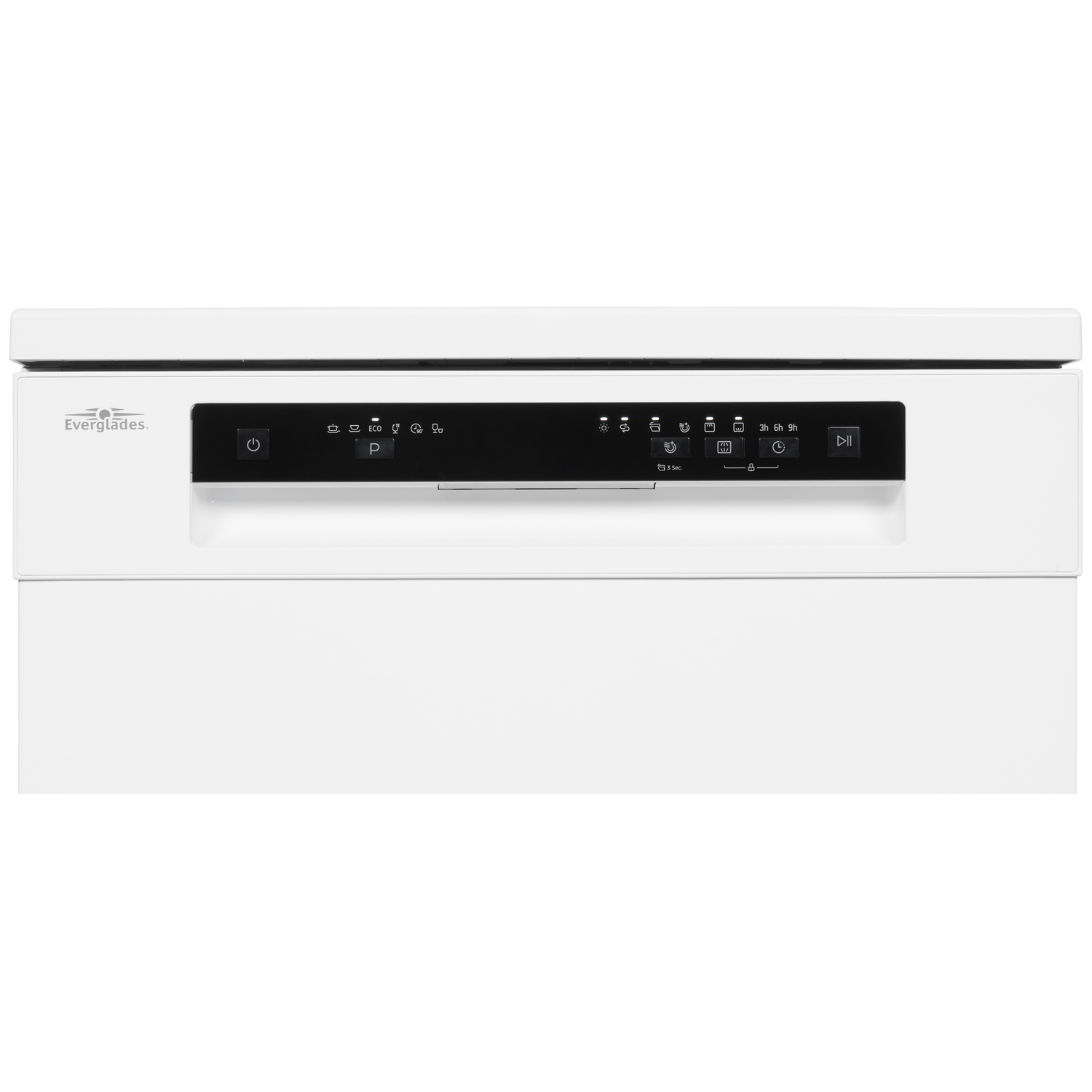 White dishwasher with a black control panel and various icons.