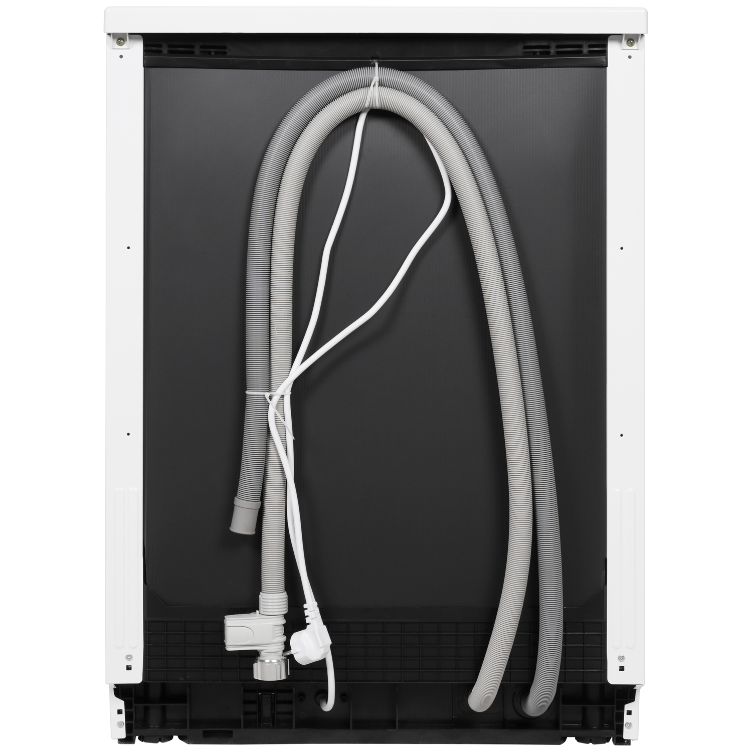Back of a white appliance with grey and white hoses running downwards.