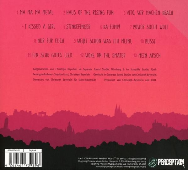 Album-Trackliste auf pinkem Hintergrund mit stilisierter Stadtsilhouette.