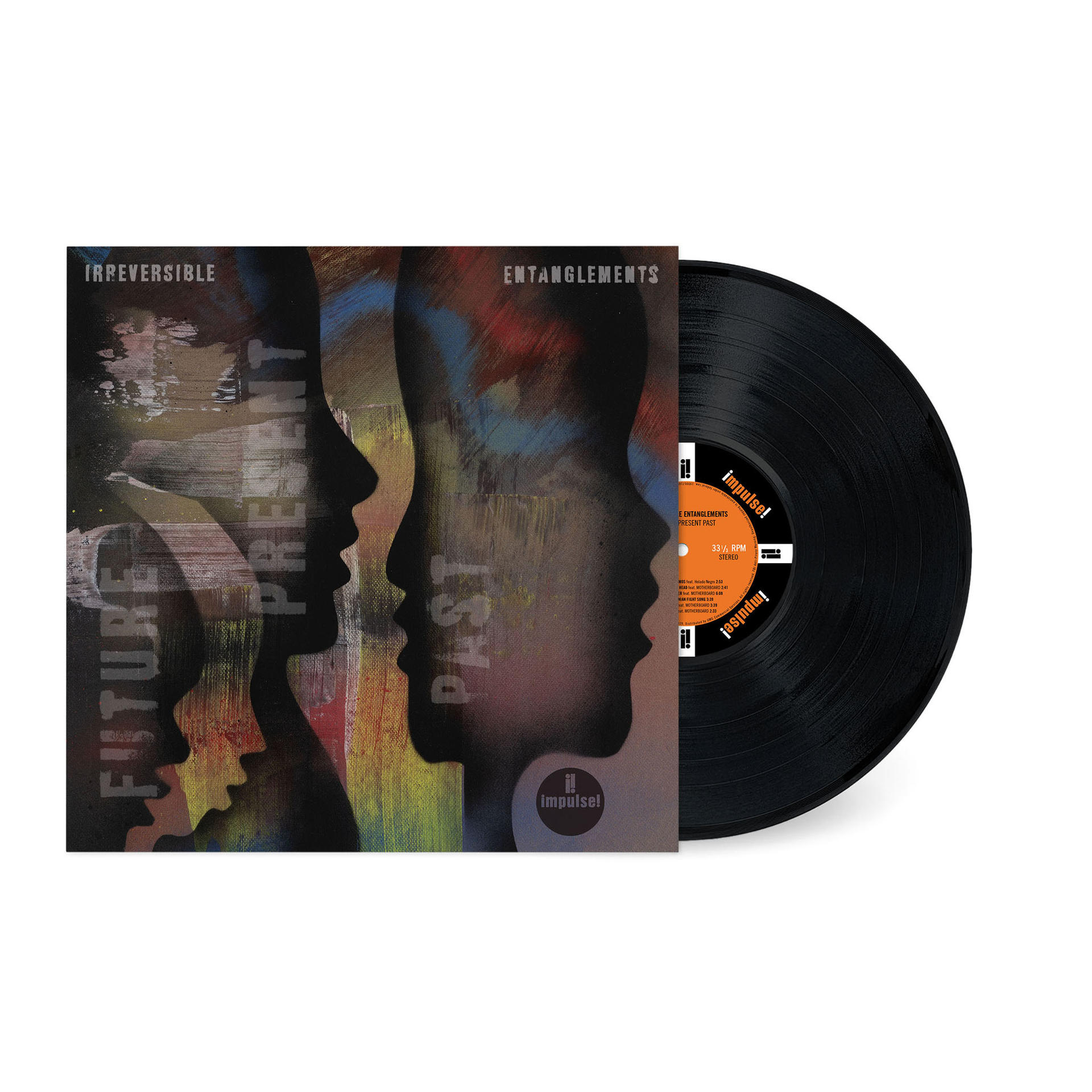 Vinyl-Schallplatte neben Albumcover mit Silhouetten von Gesichtern und Text.