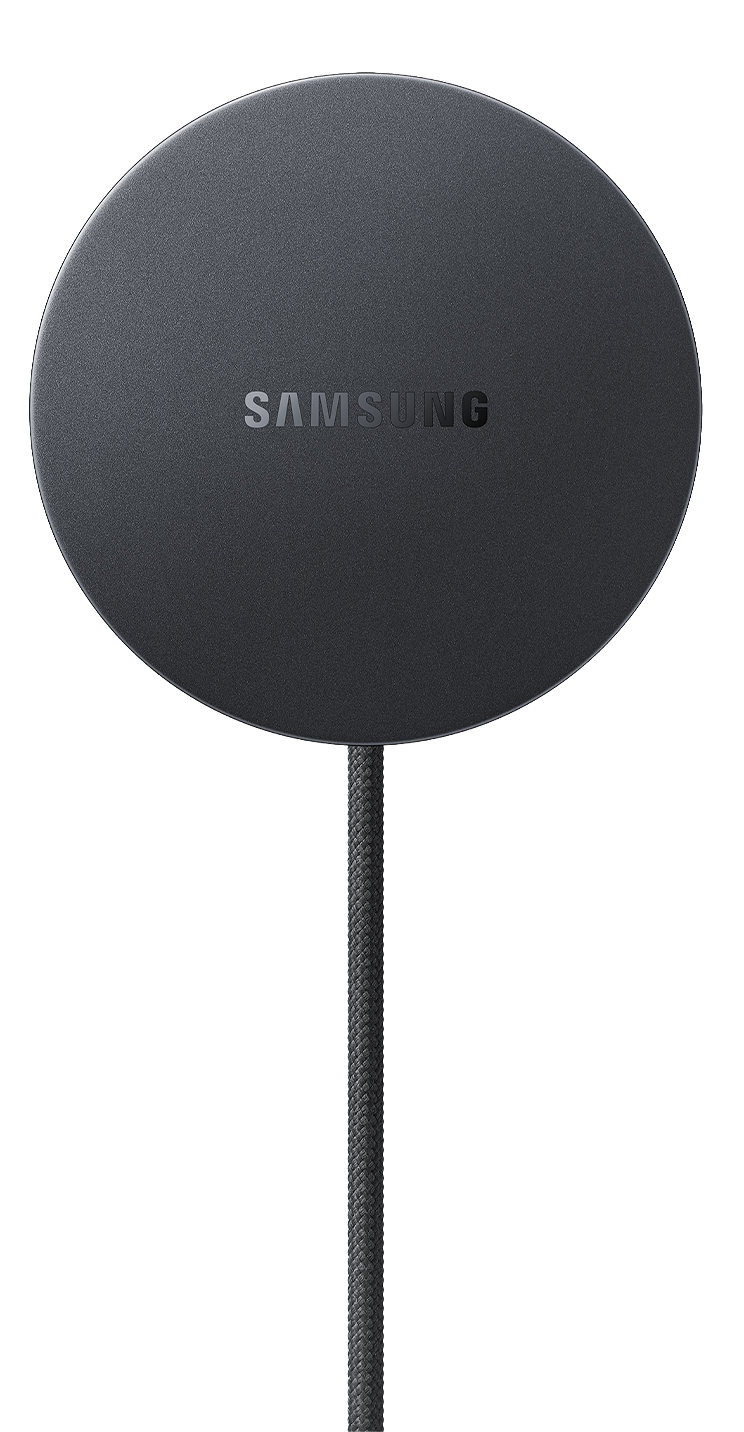 Cargador redondo y oscuro Samsung con cable trenzado.