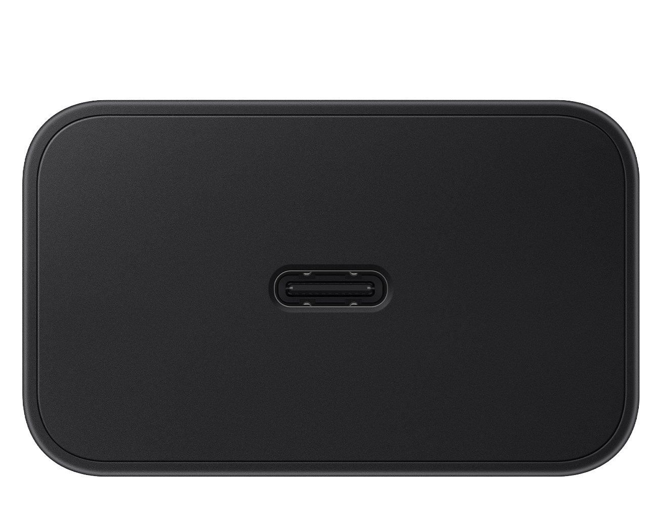 Cargador USB-C negro con esquinas redondeadas y puerto central.