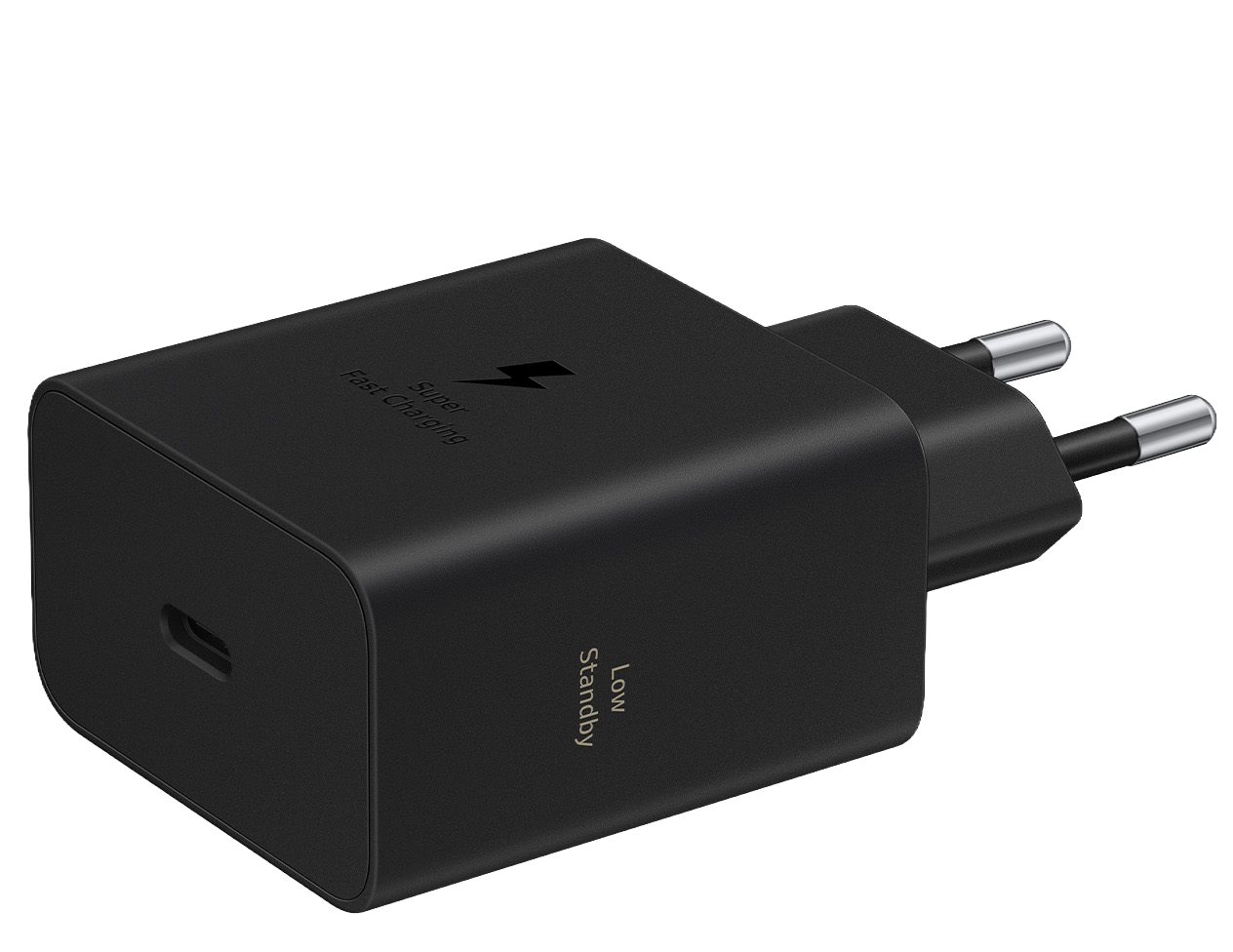 Cargador negro con puerto USB-C y clavijas.