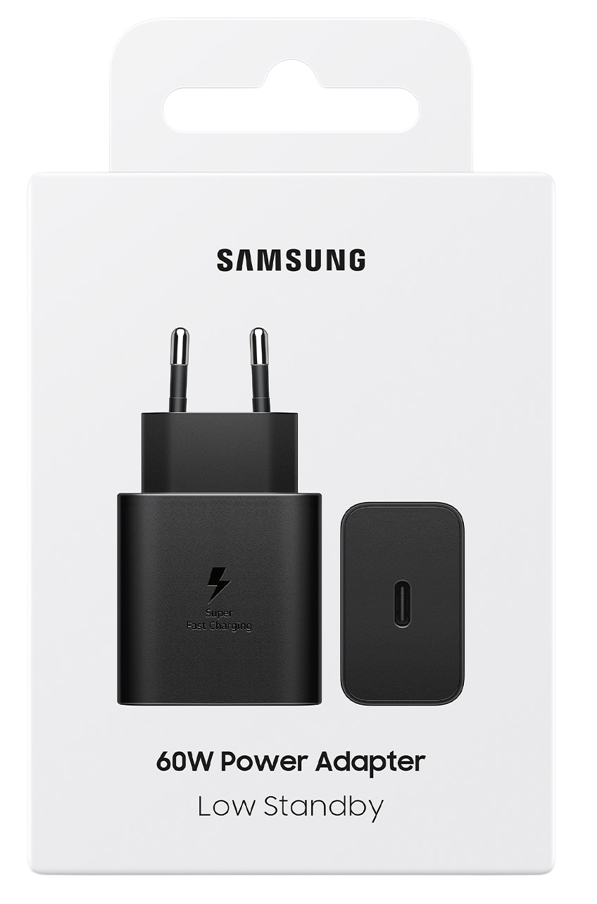 Adaptador de corriente Samsung negro de 60W con rayo para carga rápida.