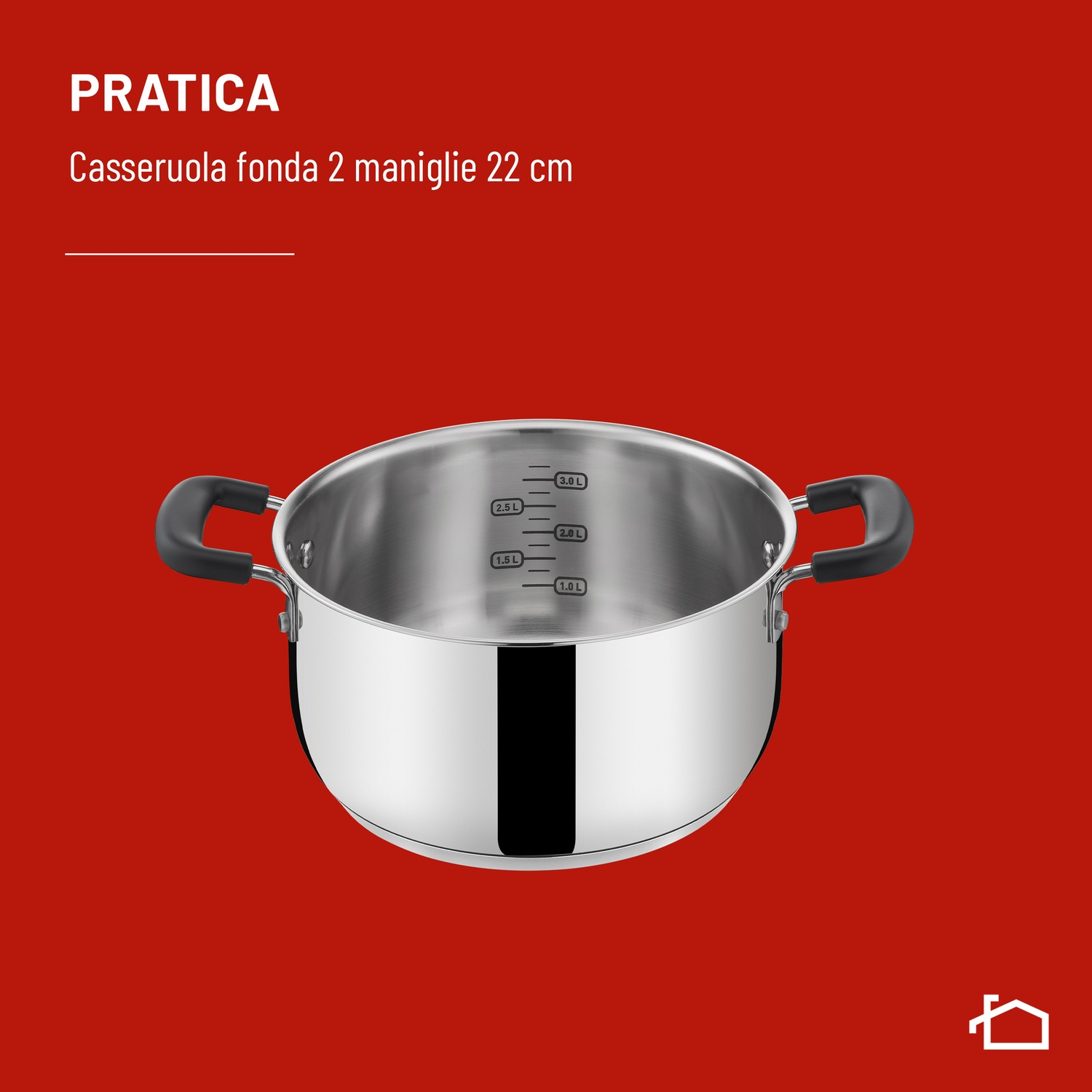 Casseruola in acciaio inox con due manici e indicatori di litri, 22 cm.