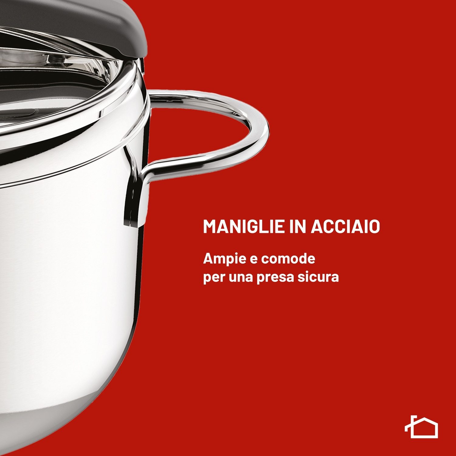 Pentola in acciaio con manici su sfondo rosso.