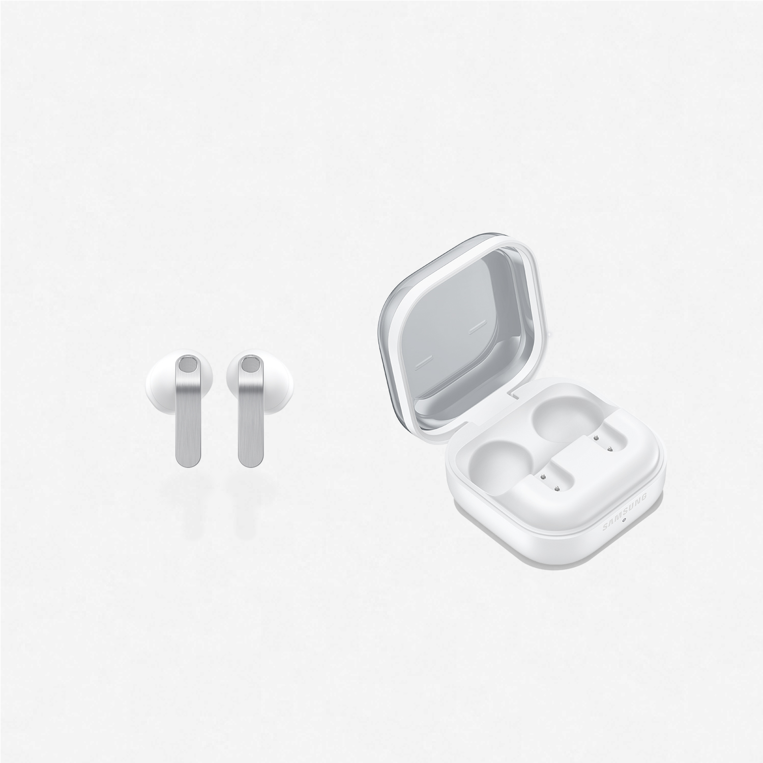 Auriculares blancos junto a un estuche de carga blanco abierto sobre fondo blanco.
