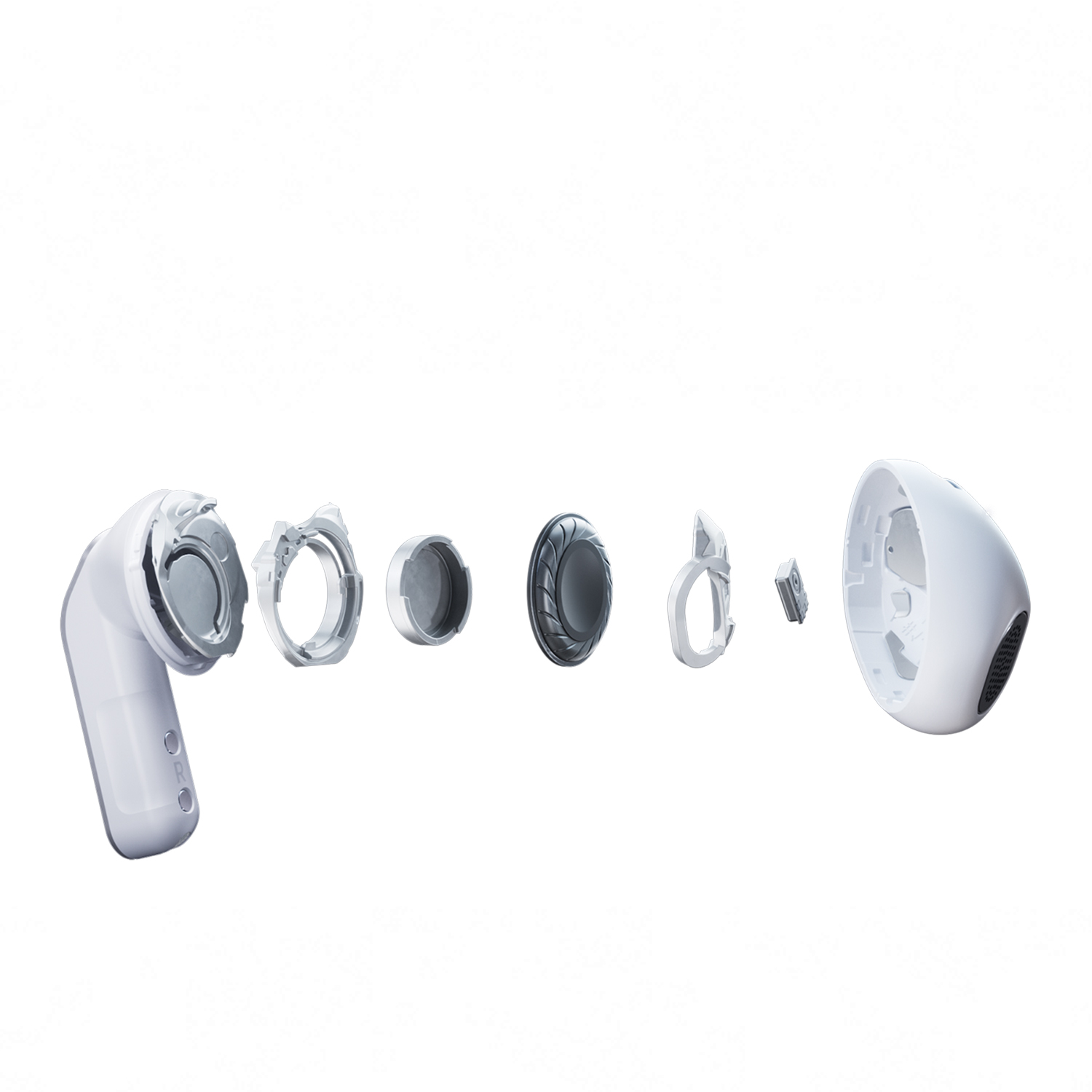 Auriculares blancos desmontados mostrando altavoz, batería y componentes de carcasa.