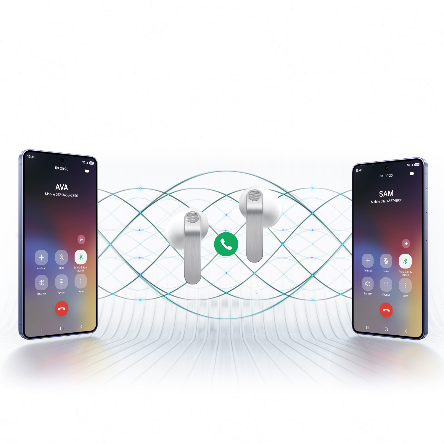 Dos smartphones muestran pantalla de llamada con auriculares.