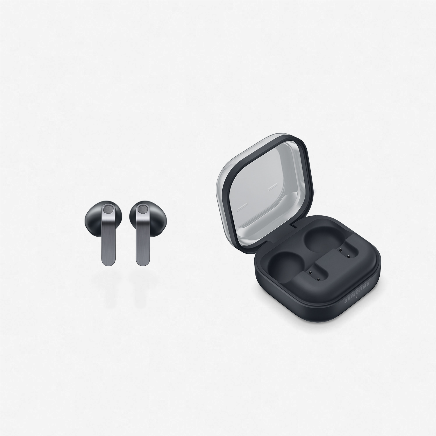 Dos Samsung Galaxy Buds Pro junto a un estuche de carga abierto.