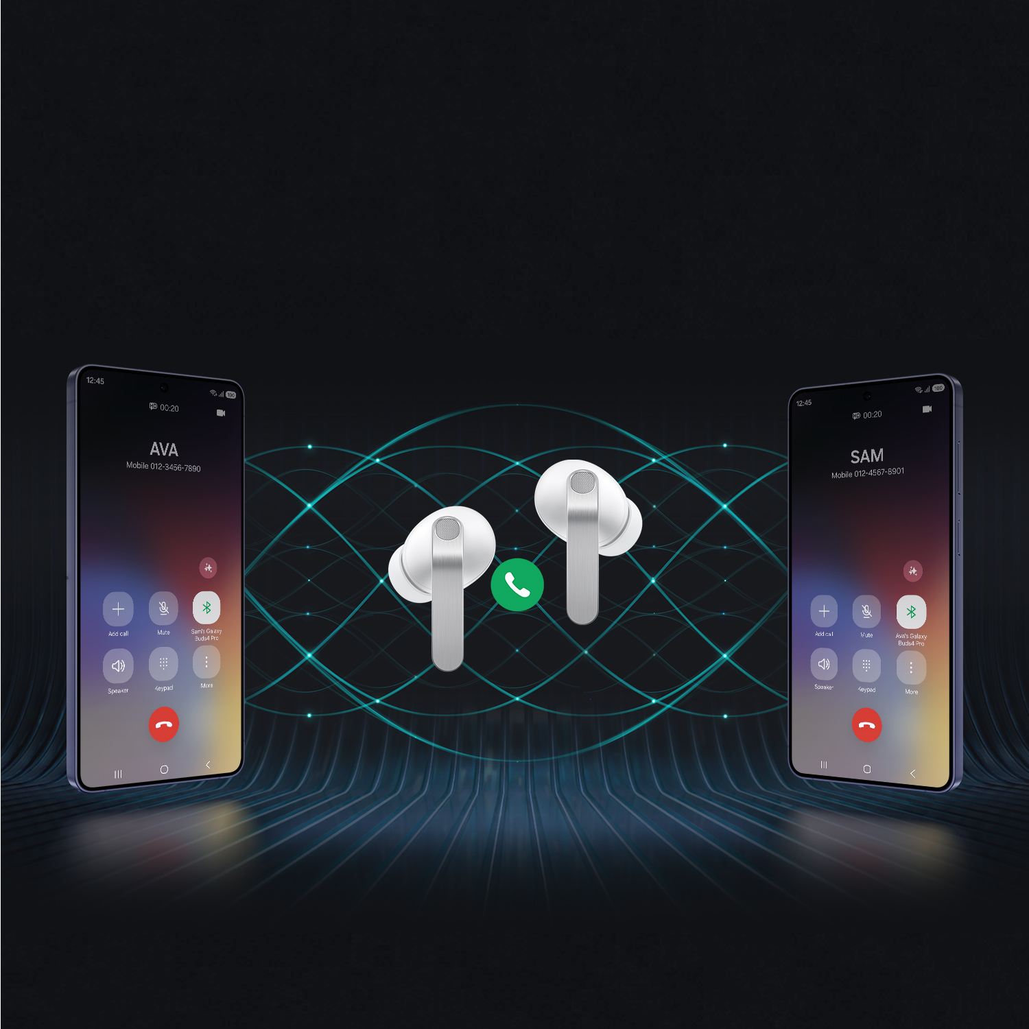 Dos teléfonos inteligentes muestran llamadas, conectados por auriculares blancos y ondas de luz.