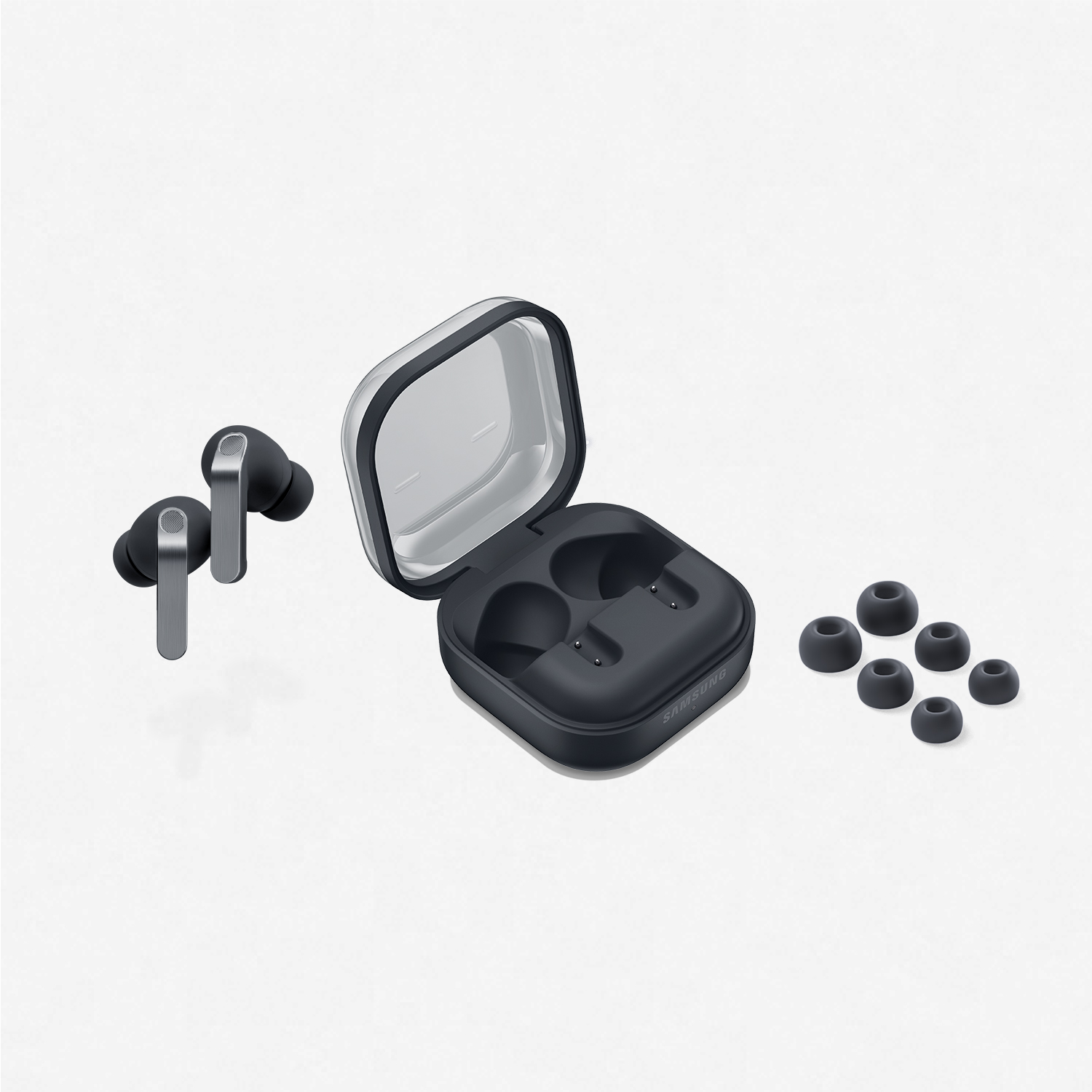 Samsung Galaxy Buds Pro negros con estuche de carga y puntas de repuesto.