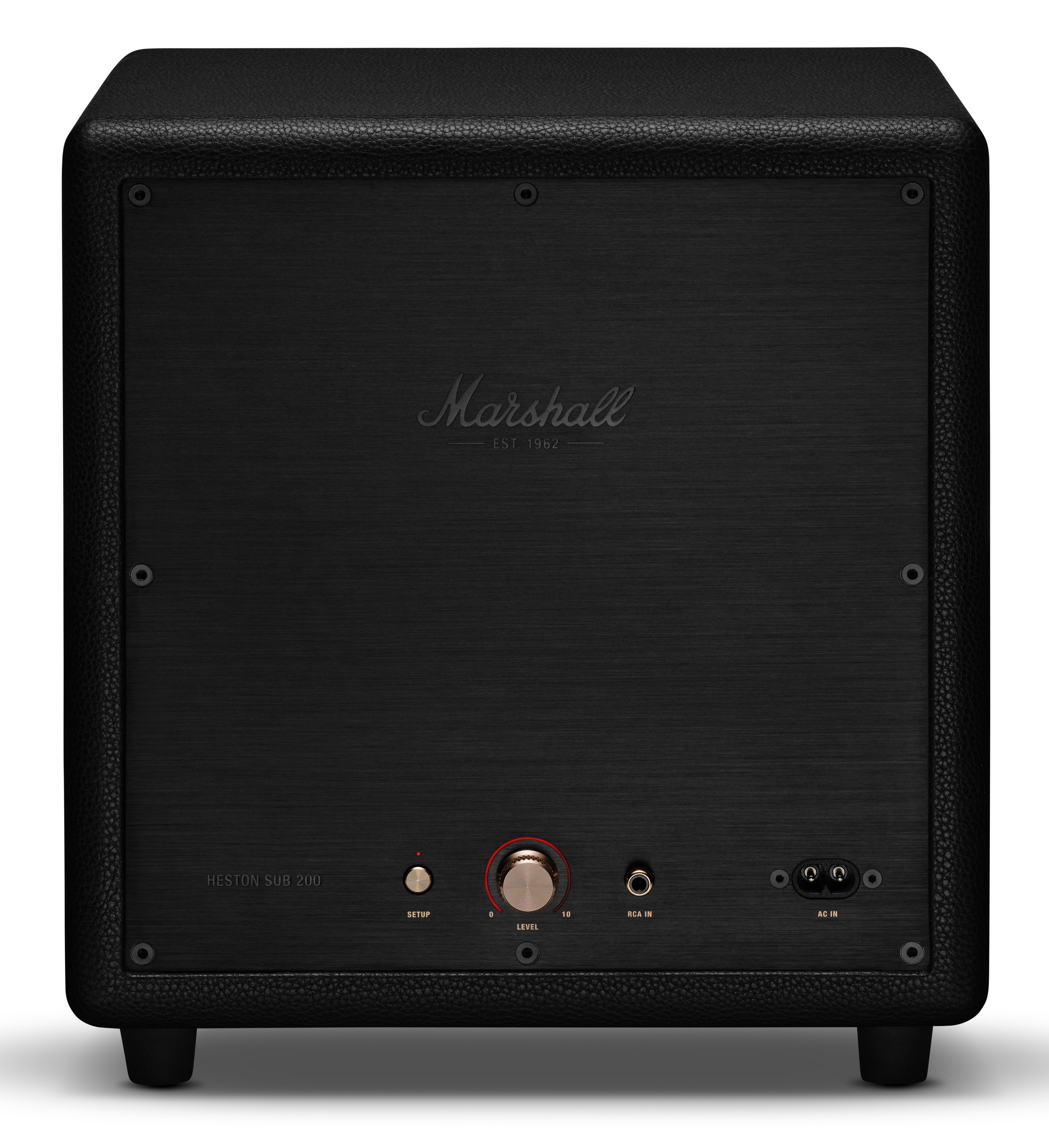 Tył czarnego głośnika Marshall Heston Sub 200 z pokrętłami i złączami.