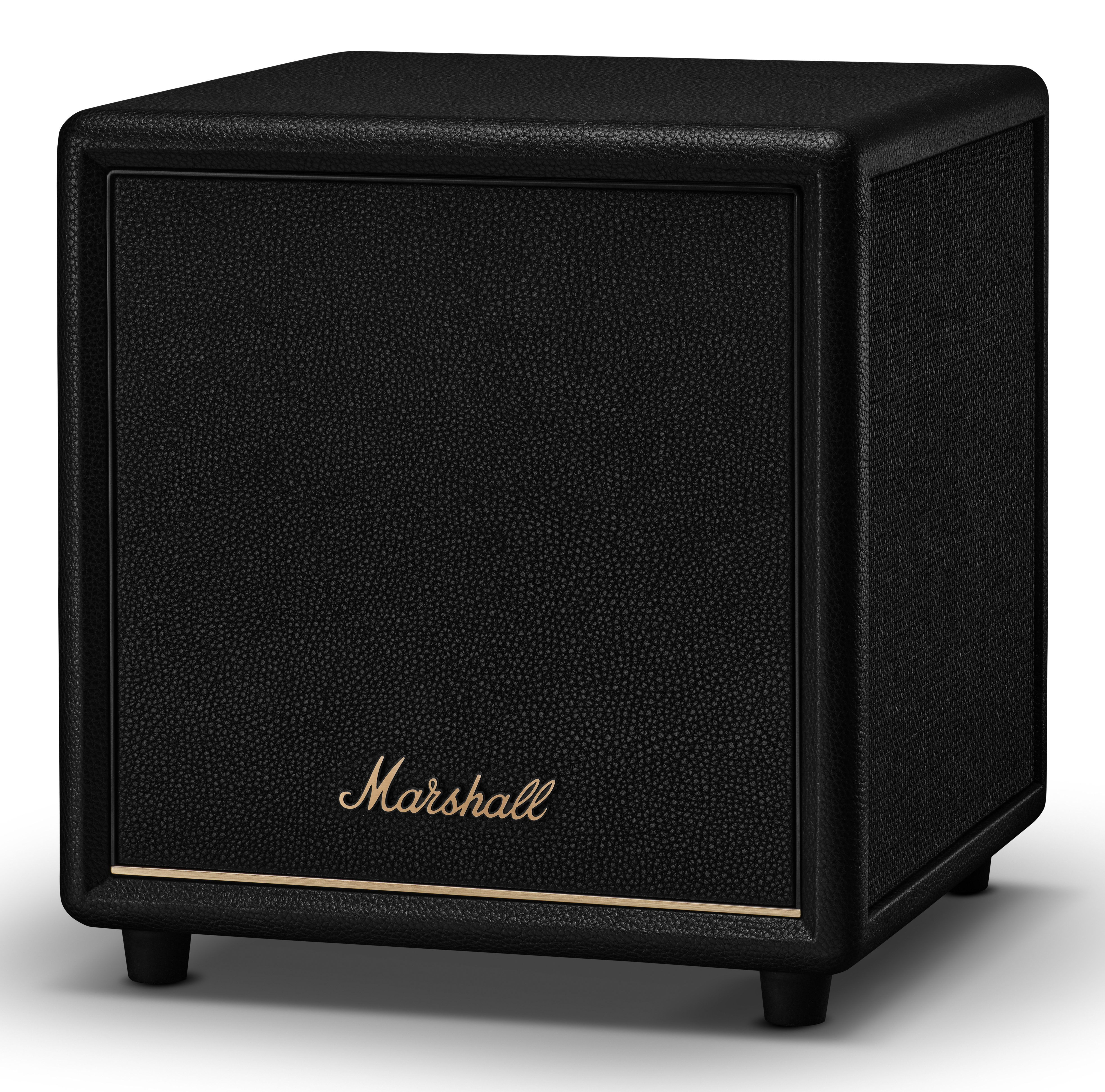 Czarny głośnik Marshall ze złotym napisem stoi na czterech nóżkach.