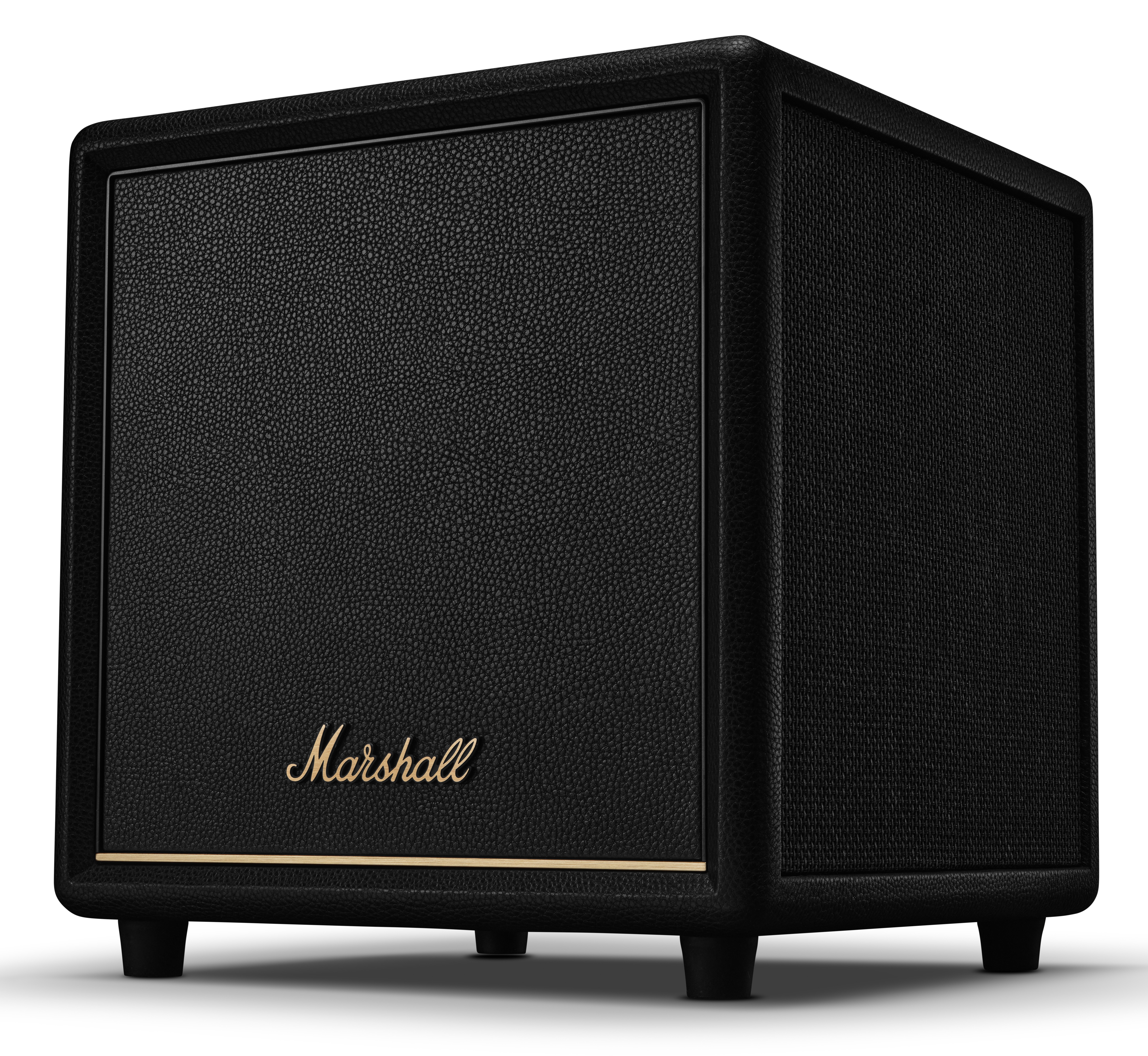 Czarny głośnik Marshall ze skórą i złotym logo na białym tle.