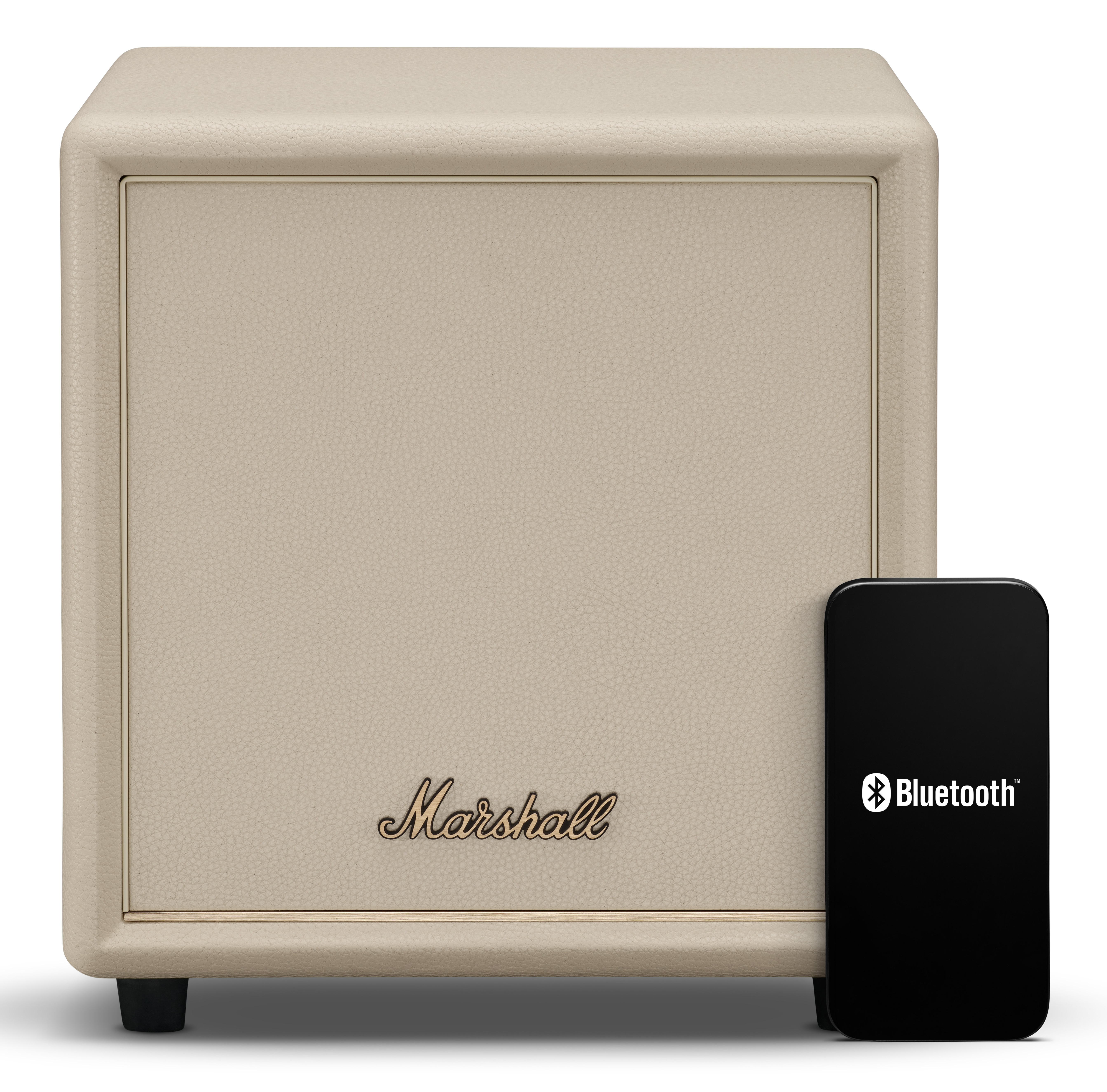 Kremowy głośnik Marshall z symbolem Bluetooth na czarnym telefonie.