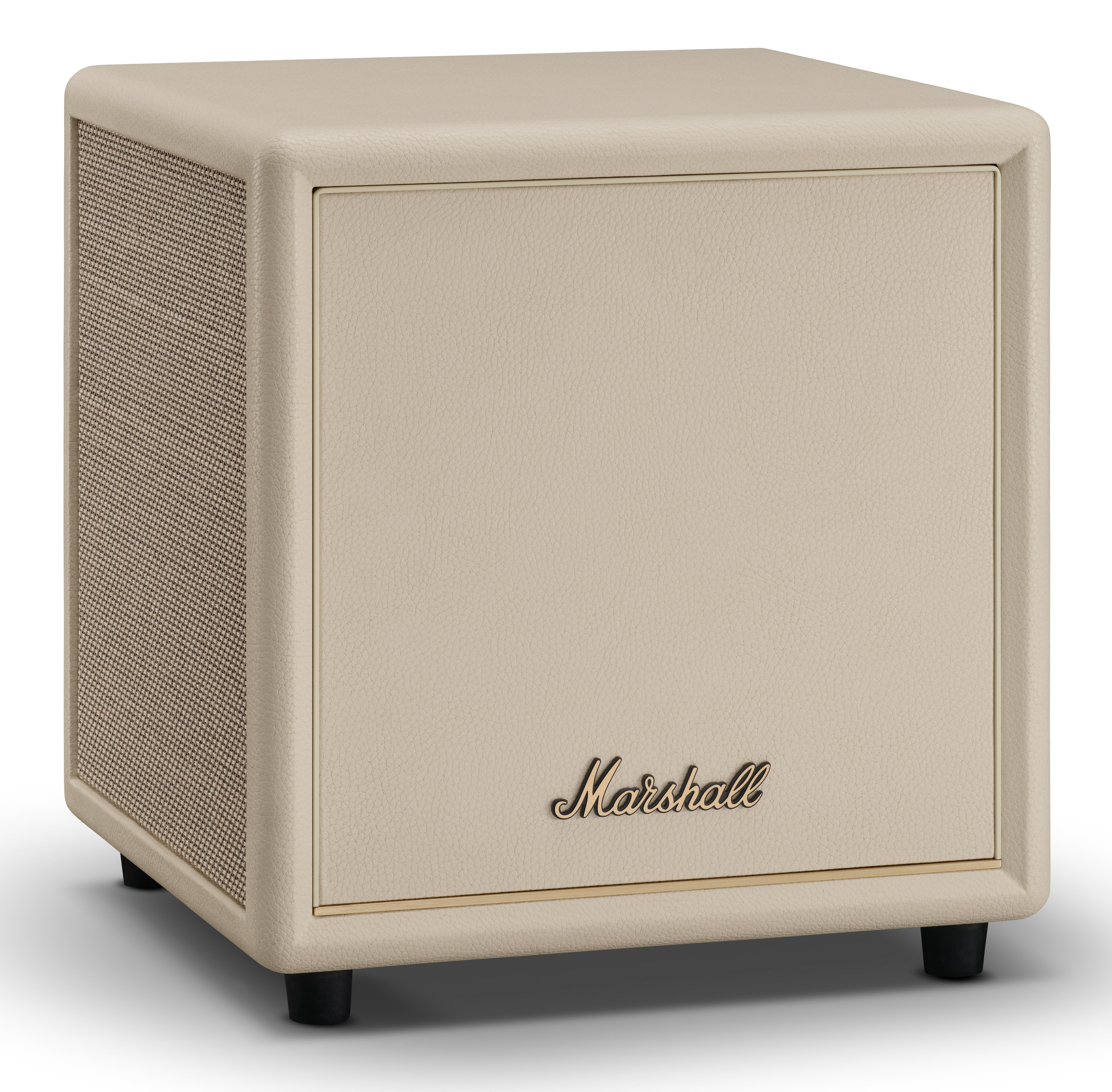 Kremowy głośnik Marshall ze złotym napisem i materiałową kratką.