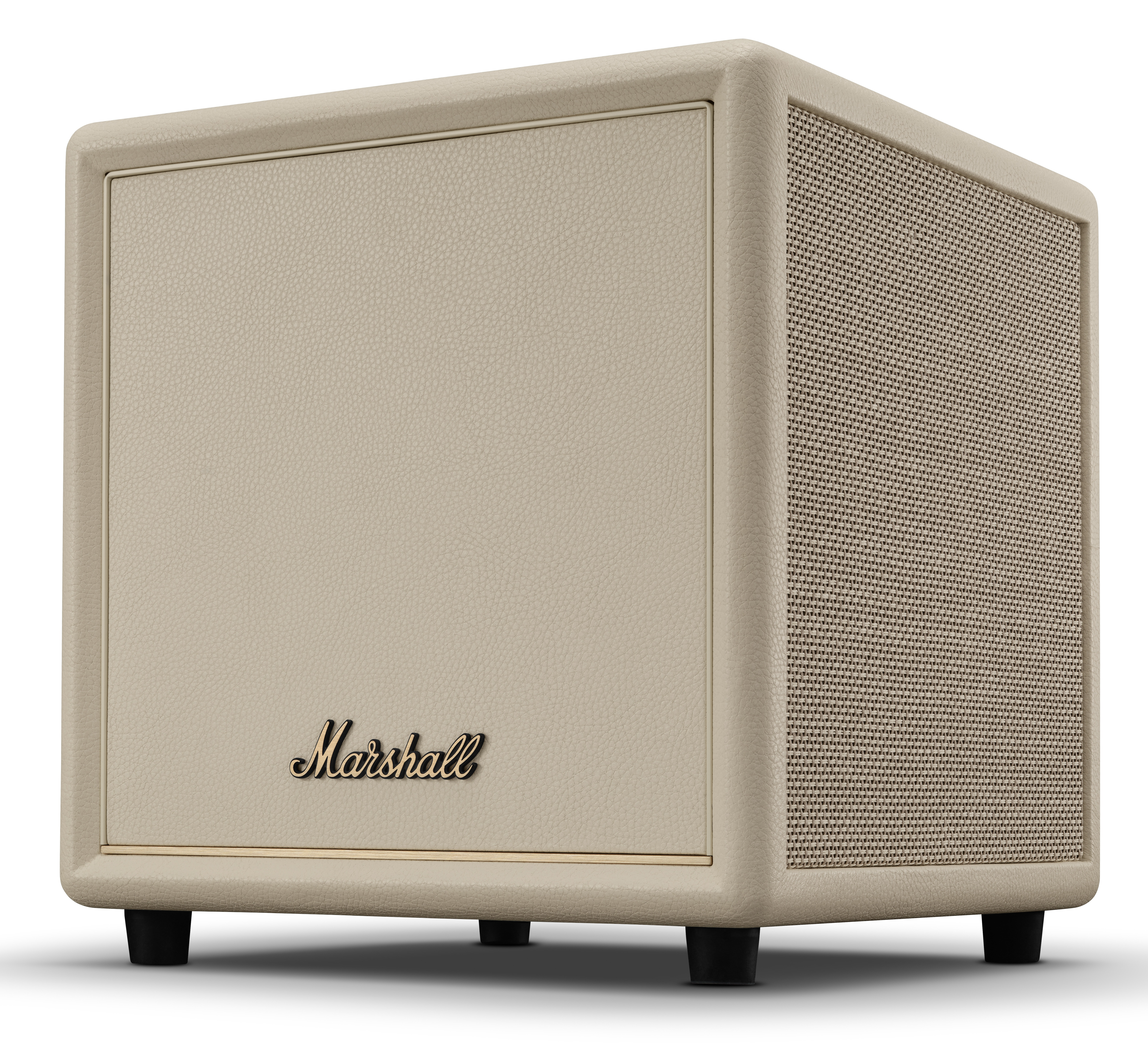 Beżowy głośnik Marshall z kratką i logo Marshall.
