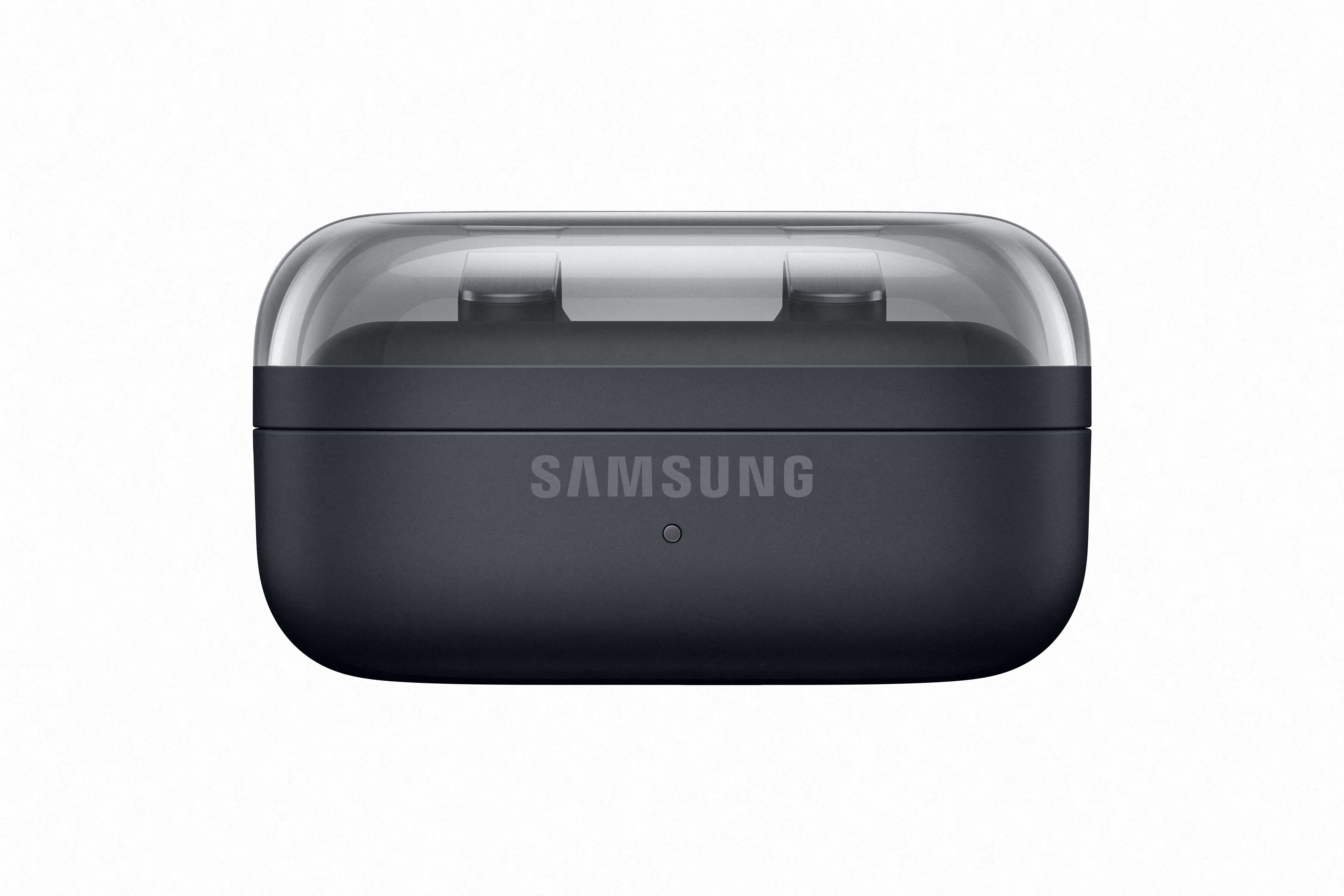 Dunkelgraues Samsung-Ladecase mit transparentem Deckel und sichtbaren Ohrhörern.