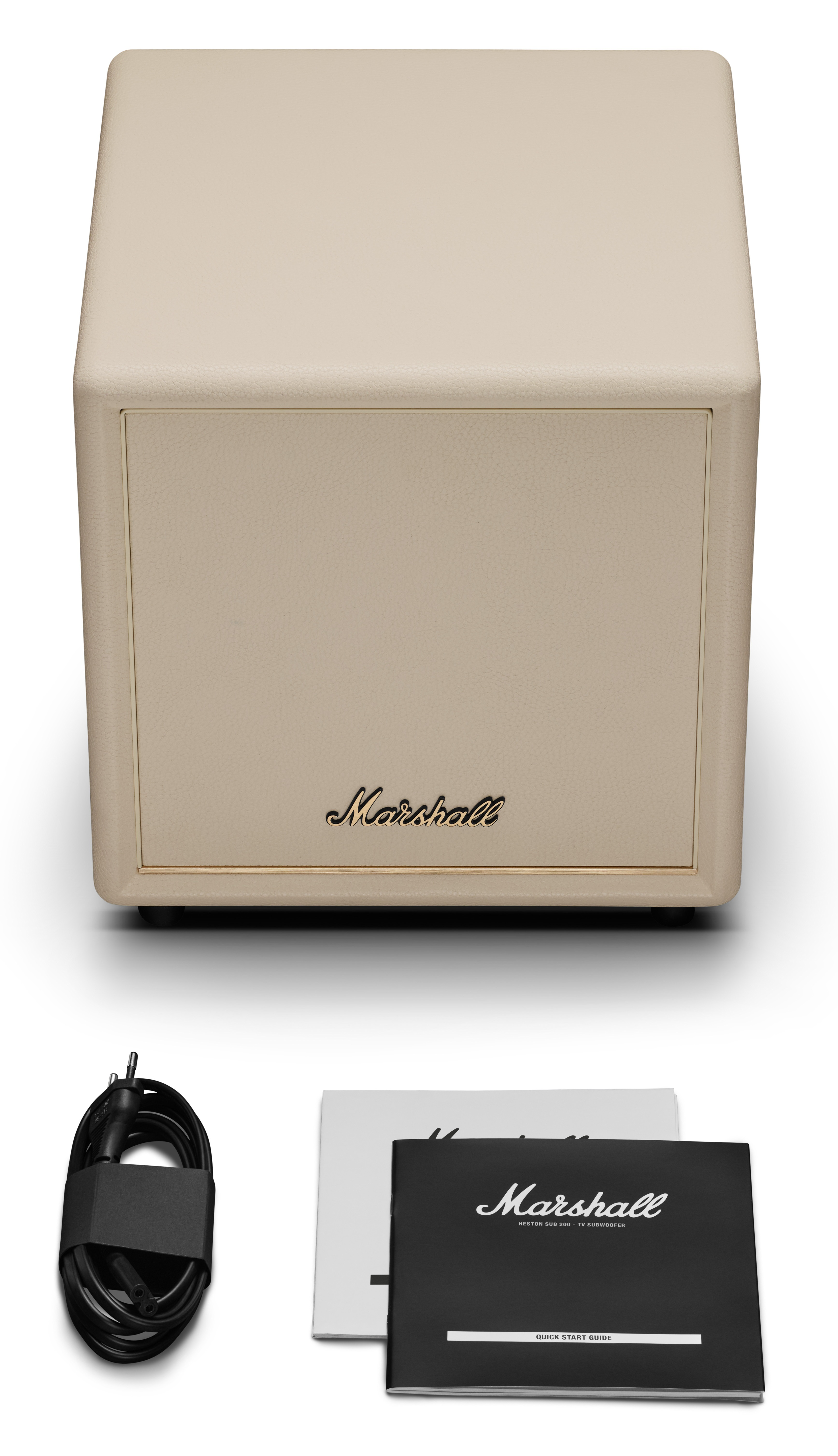 Beżowy subwoofer Marshall z kablem i instrukcjami.