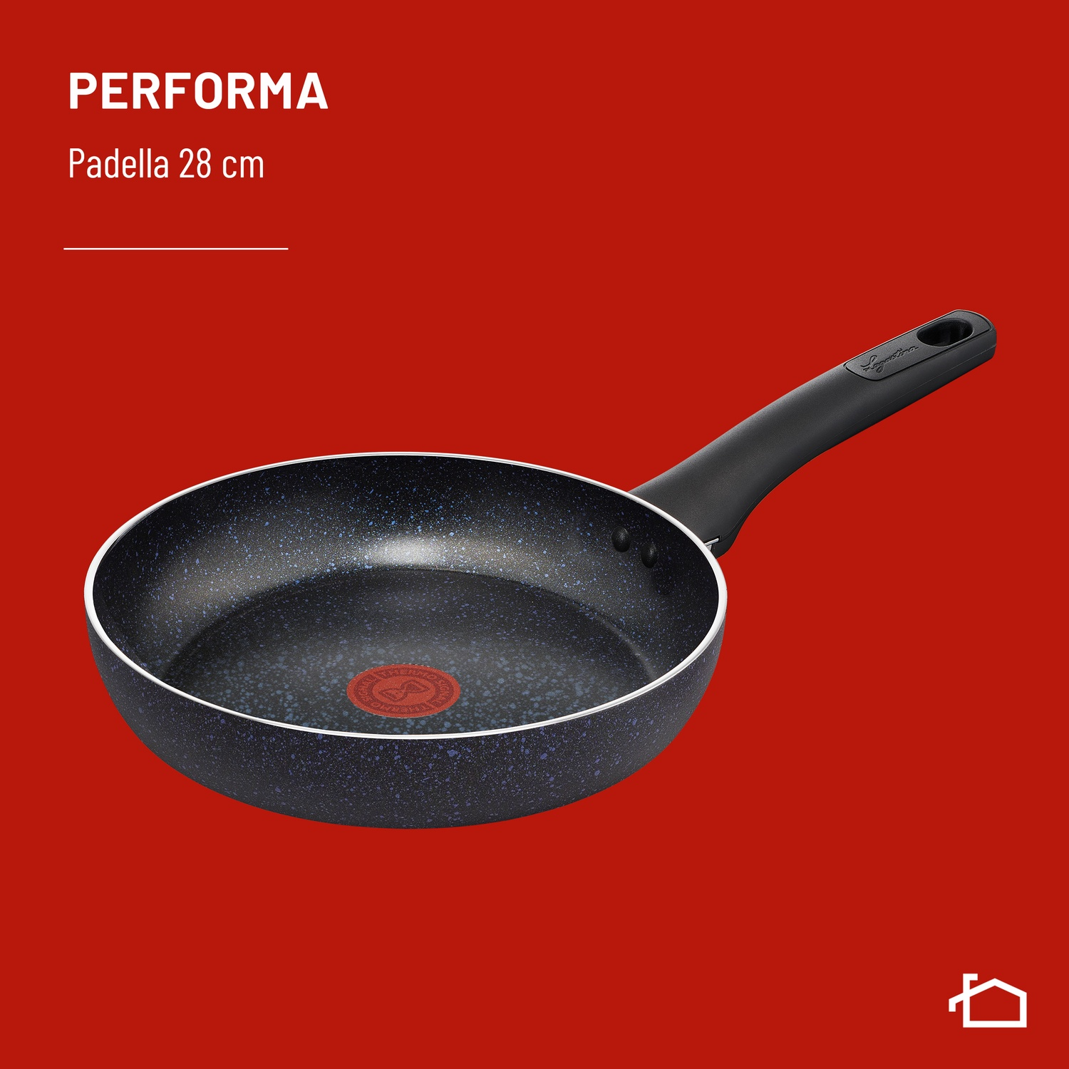 Una padella nera con macchie blu e un manico nero.
