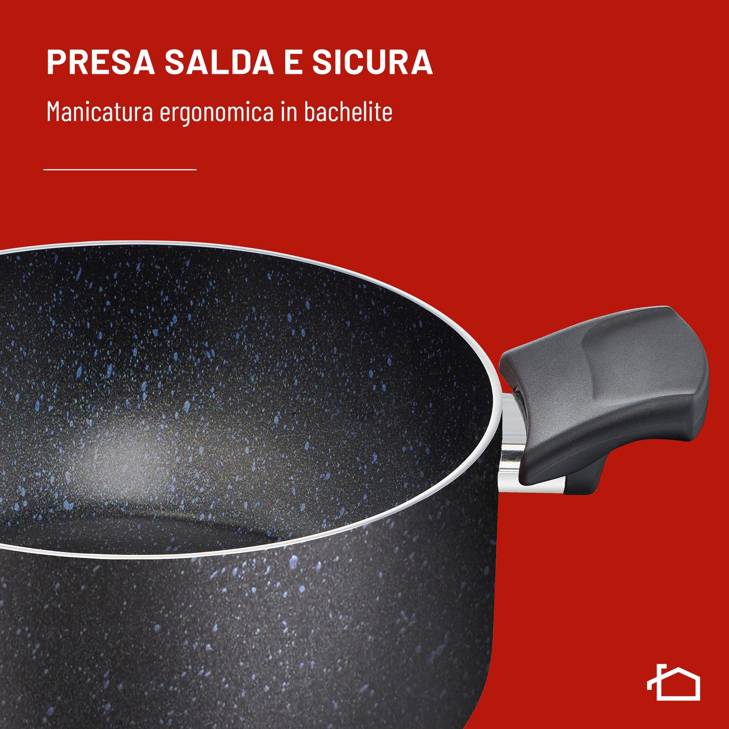 Pentola nera con manico ergonomico, grafica rossa sullo sfondo.