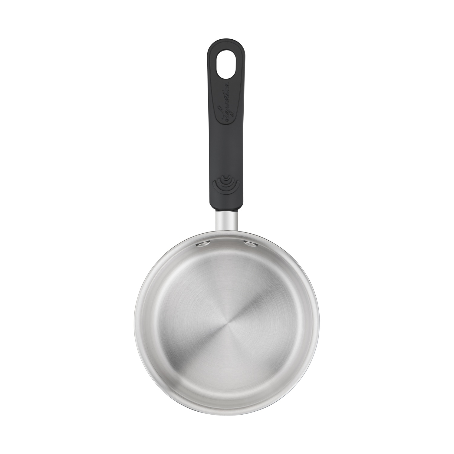 Pentola in acciaio inox con manico nero e anello per appenderla.