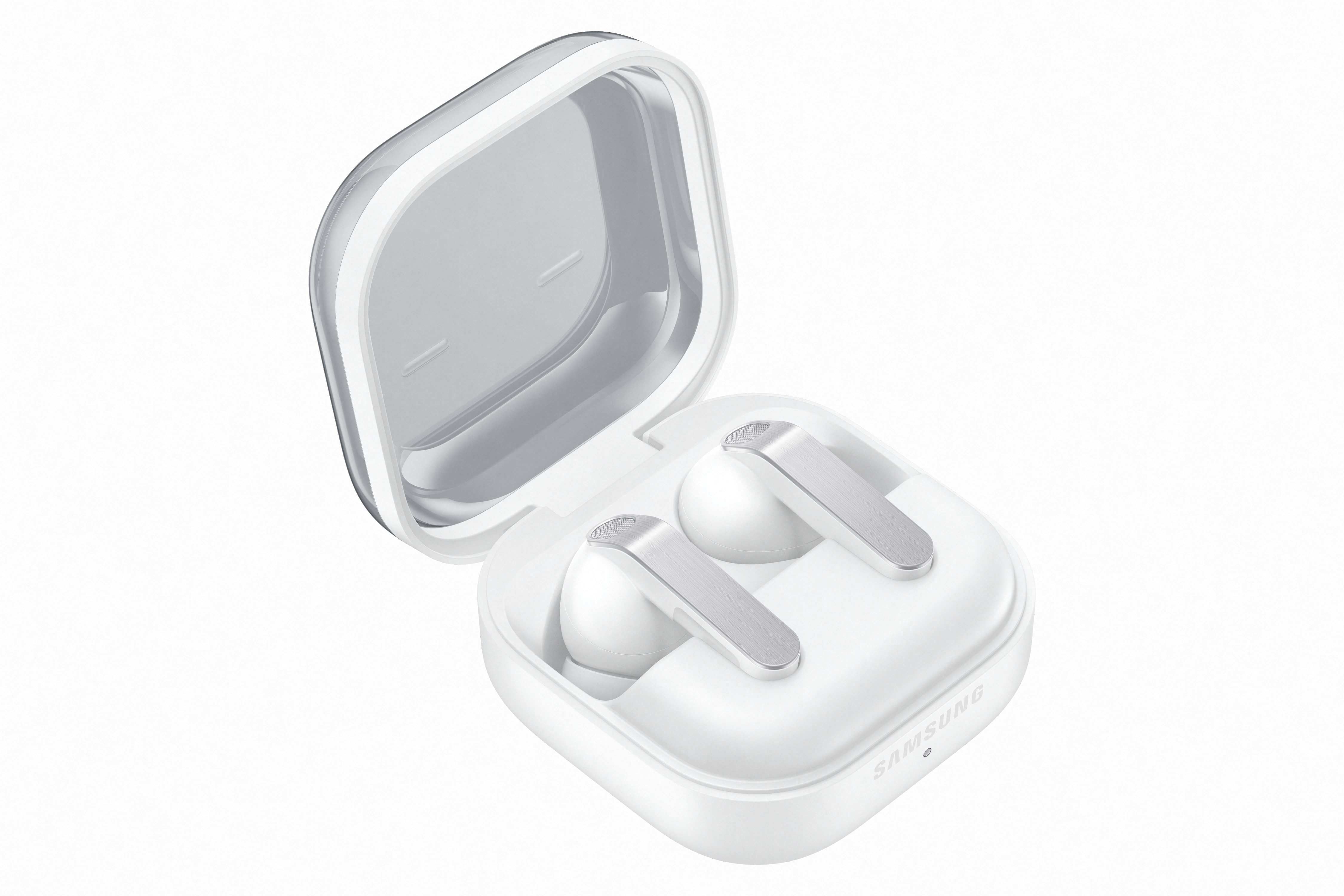 Weiße Samsung Ohrhörer mit silbernen Akzenten in offener Ladebox.