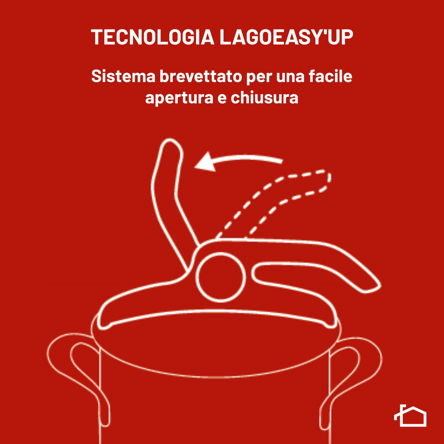 Disegno a linea bianca di un meccanismo di apertura coperchio su sfondo rosso.