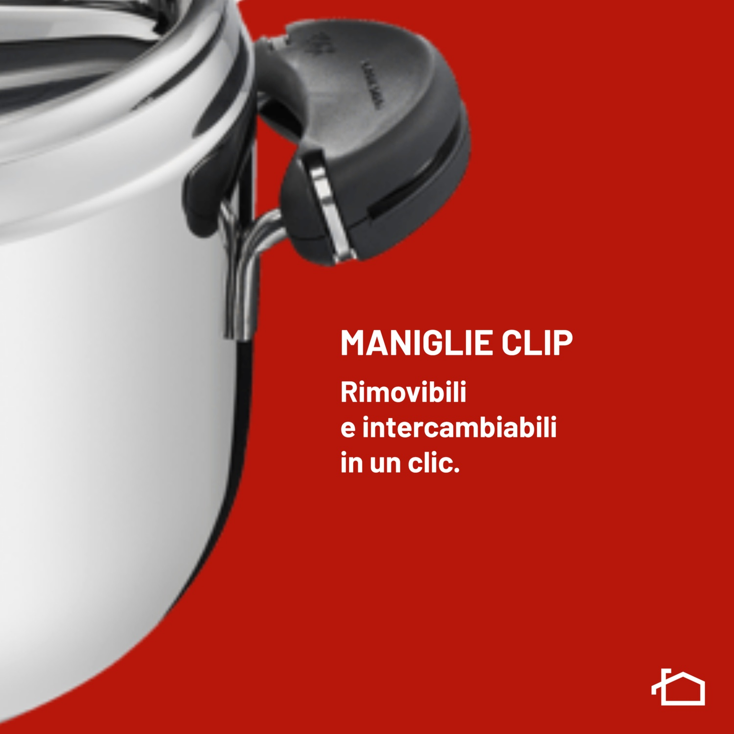 Pentola in acciaio inox con manico nero rimovibile.