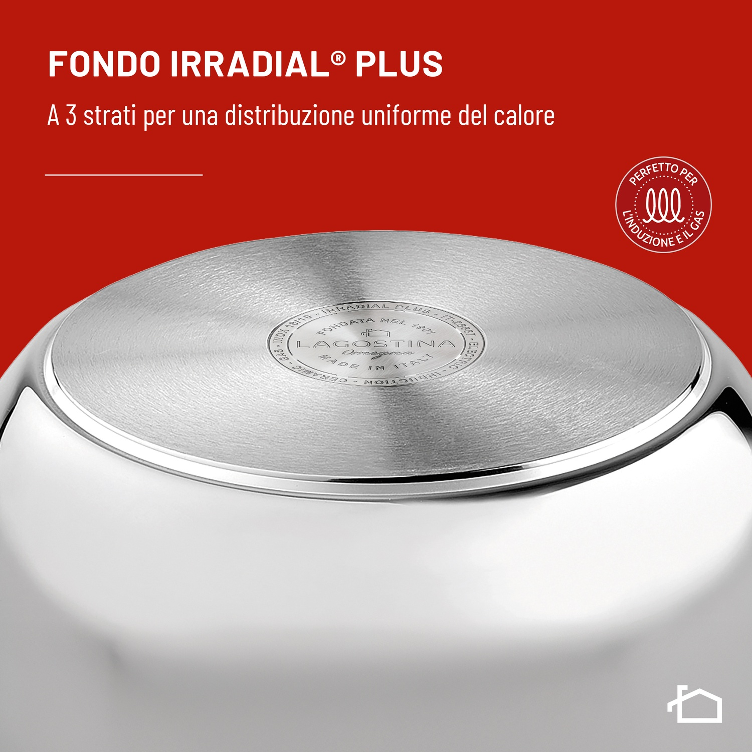 Il fondo di una padella con scritte "Fondo Irradial Plus" e "Perfetto per induzione e gas".