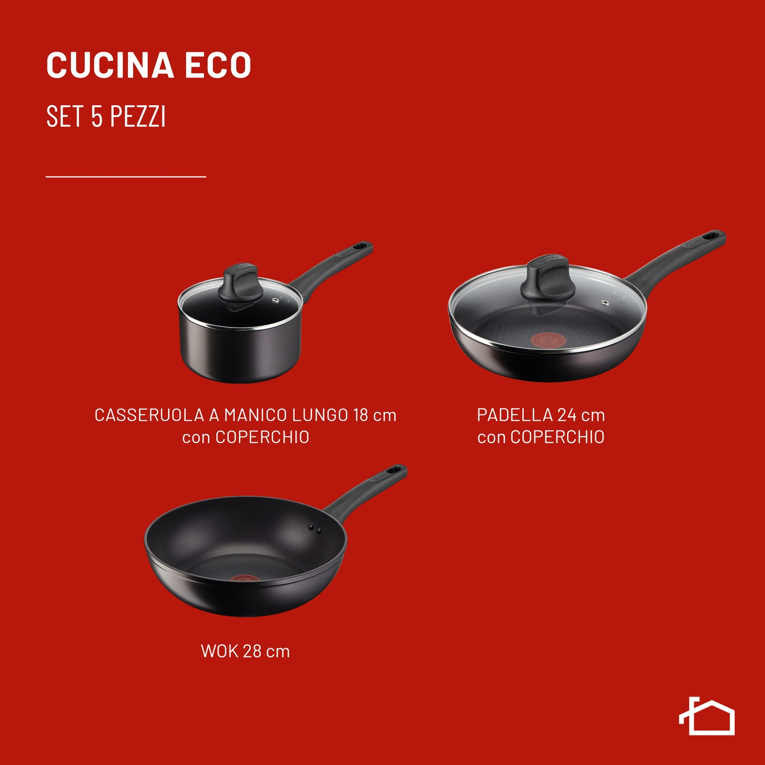 Set di 3 pentole e padelle nere: casseruola, padella e wok su sfondo rosso.