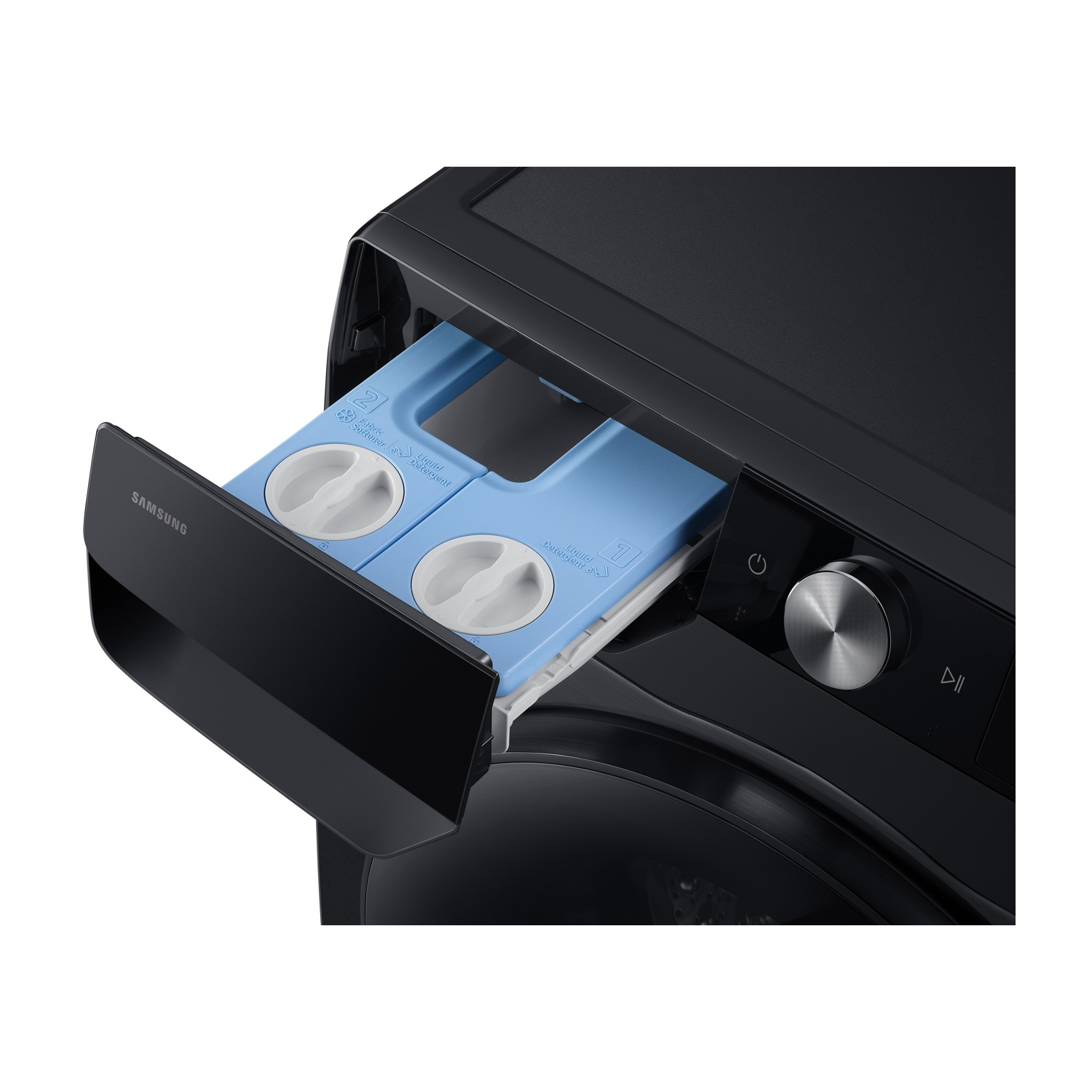Lavatrice nera con cassetto detersivo estratto.
