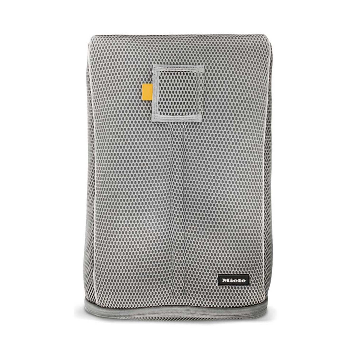 Borsa in rete grigia con etichetta gialla e logo Miele, su sfondo bianco.