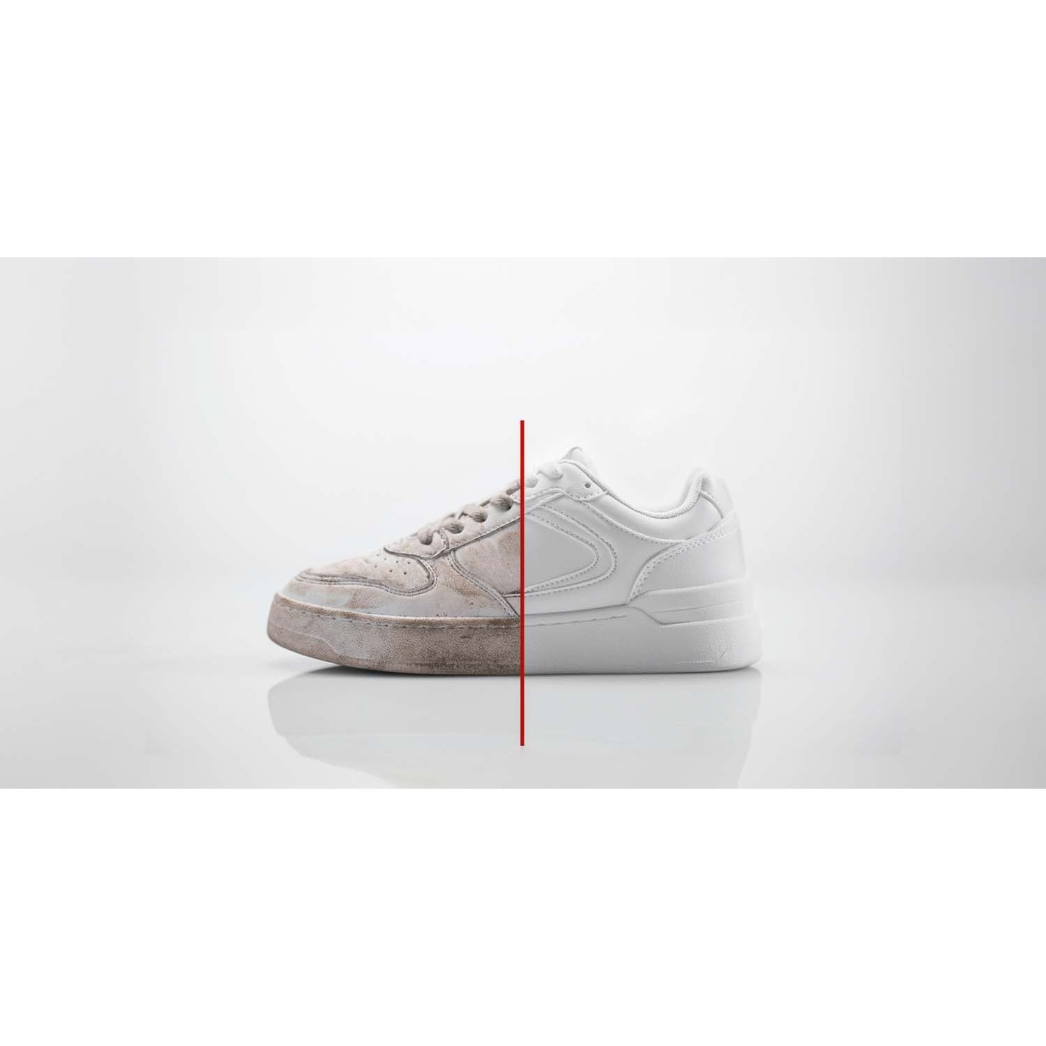 Confronto prima e dopo di una sneaker bianca, sporca a sinistra, pulita a destra.