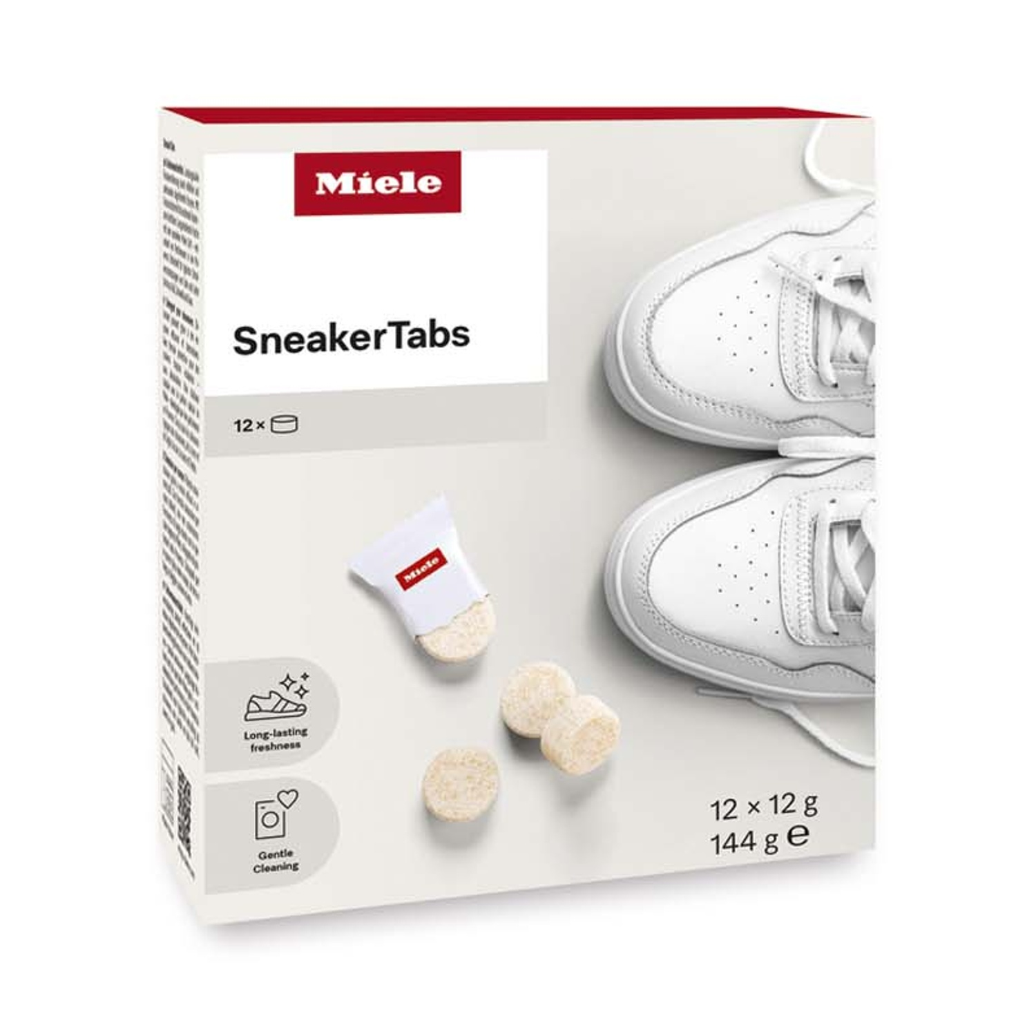 Miele Sneaker Tabs: Scarpe da ginnastica bianche, 12 pastiglie, pulizia delicata.