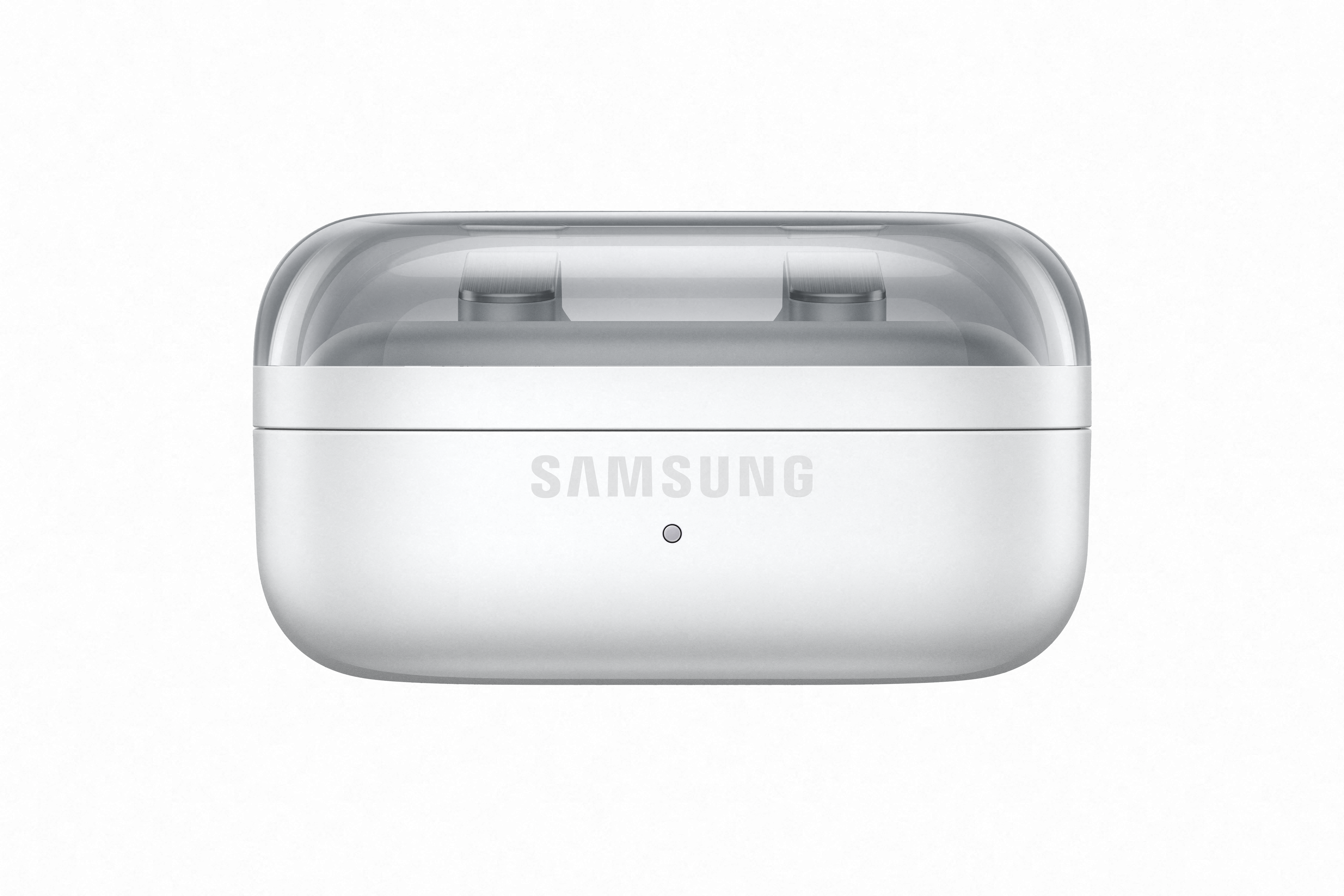 Ein weißes Samsung-Ladeetui mit durchsichtigem Deckel und AirPods.