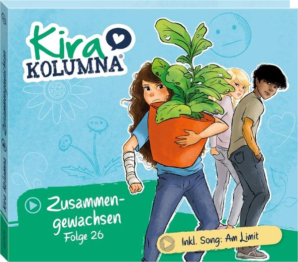 Ein Mädchen mit Topf und Pflanze, flankiert von zwei Jugendlichen. Blauer Hintergrund.