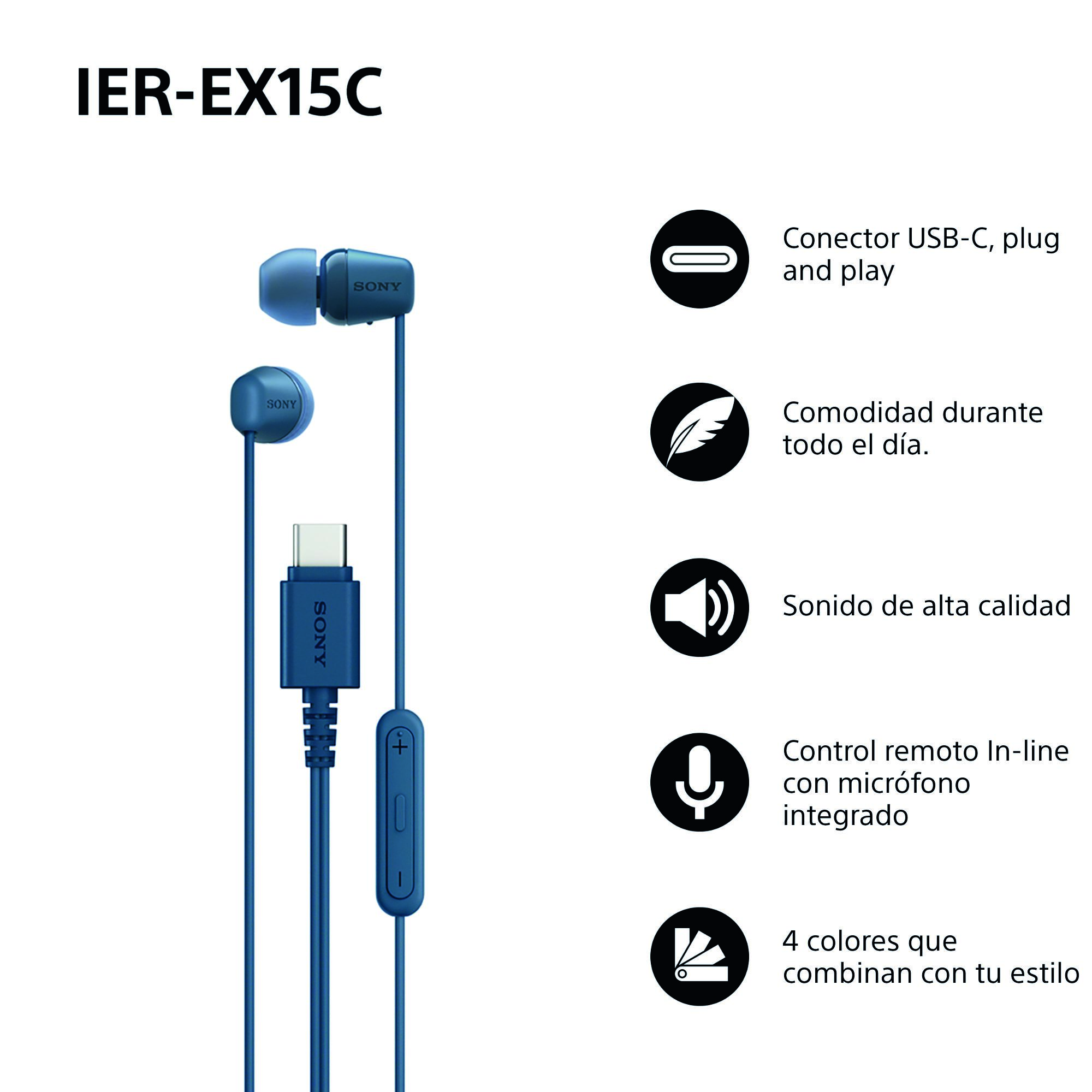 Auriculares Sony azules con conector USB-C, micrófono y controles de volumen.
