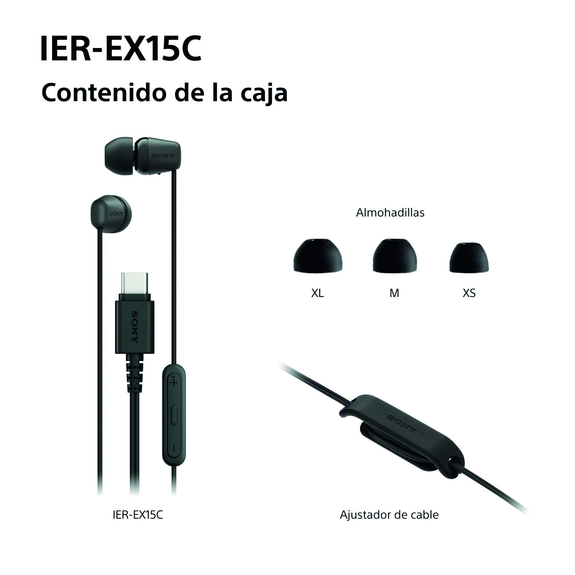 Auriculares Sony negros con conector USB-C y almohadillas de repuesto.