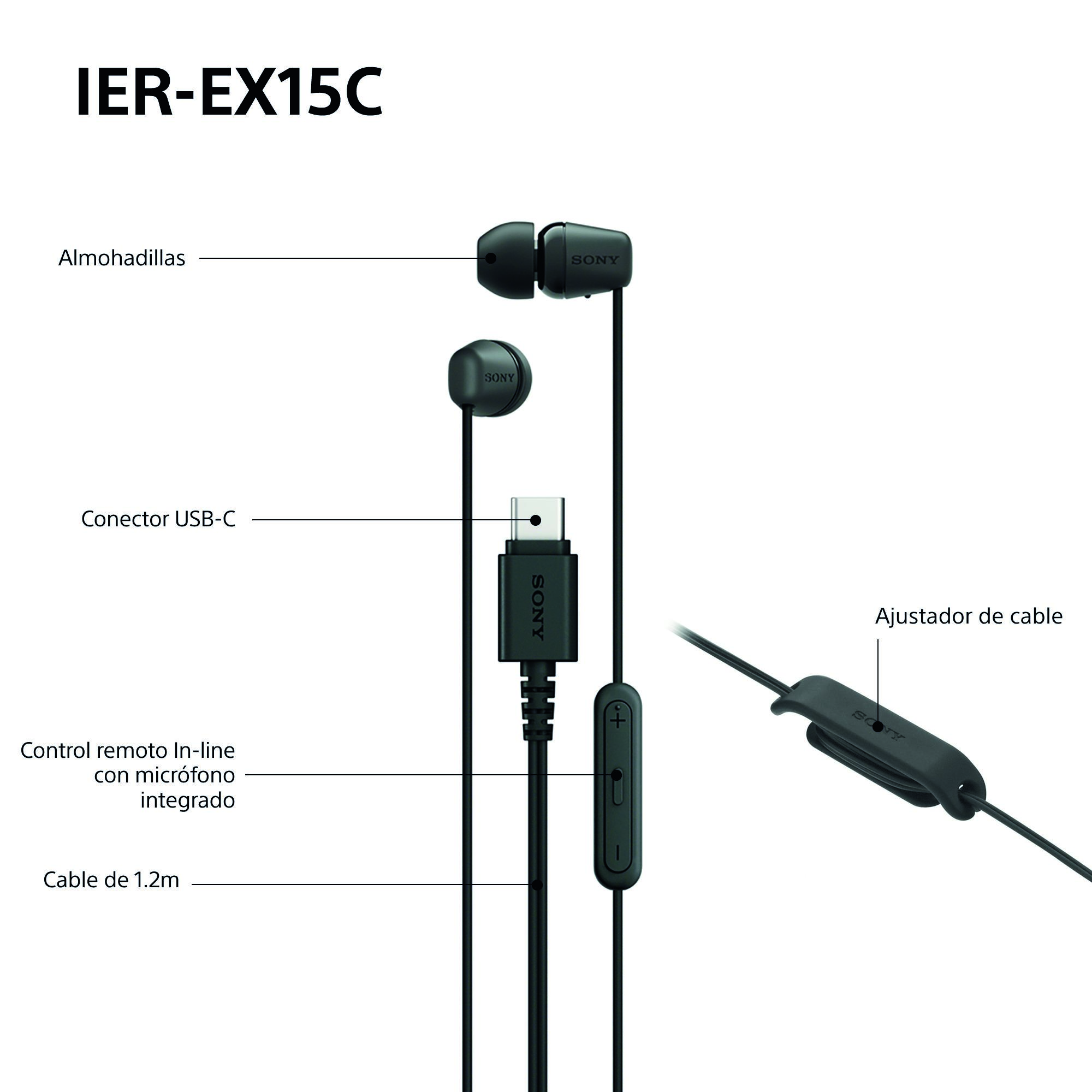 Auriculares Sony IER-EX15C con conector USB-C y control remoto.