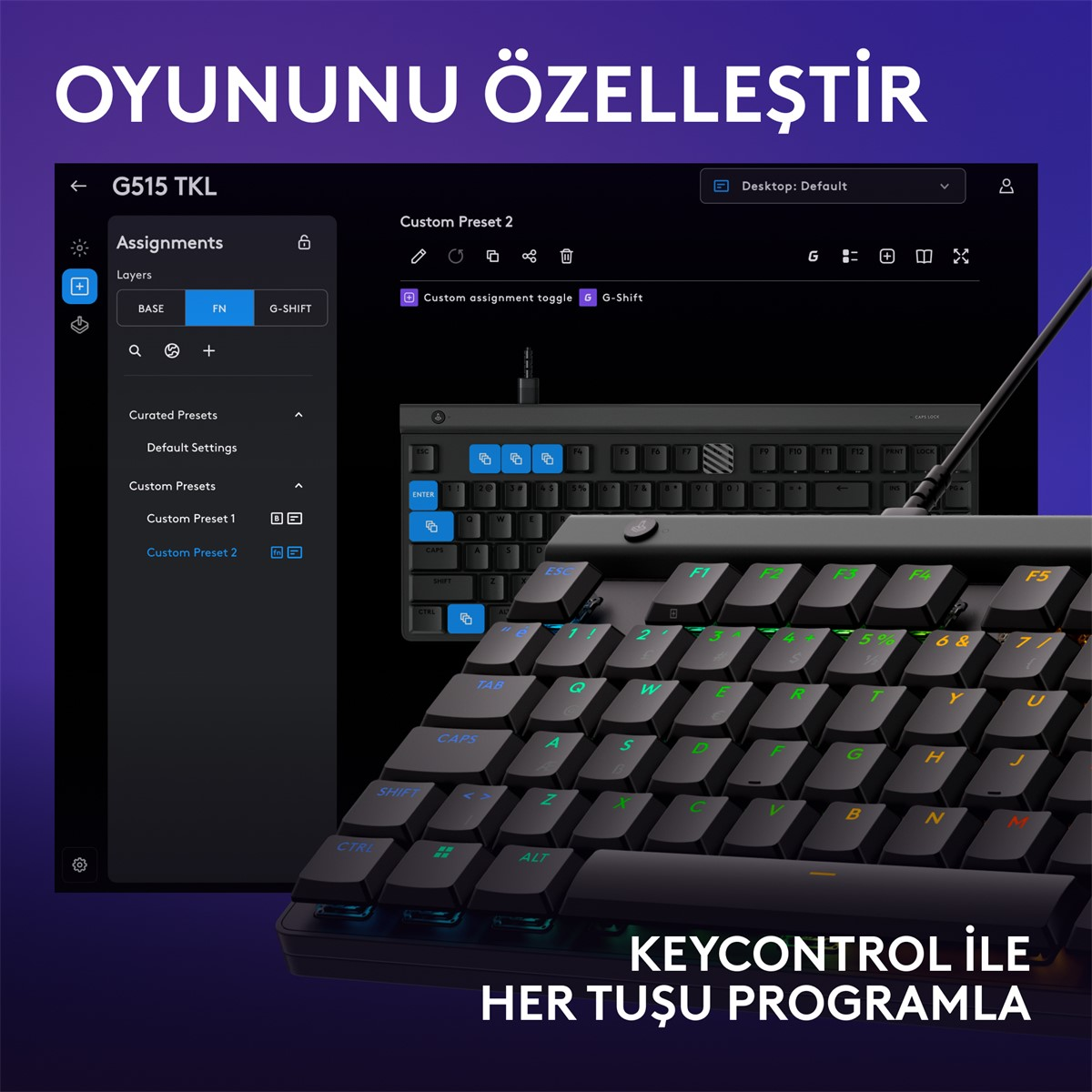 G515 TKL klavyeli ve özelleştirilebilir tuşlu klavye yazılım arayüzü.
