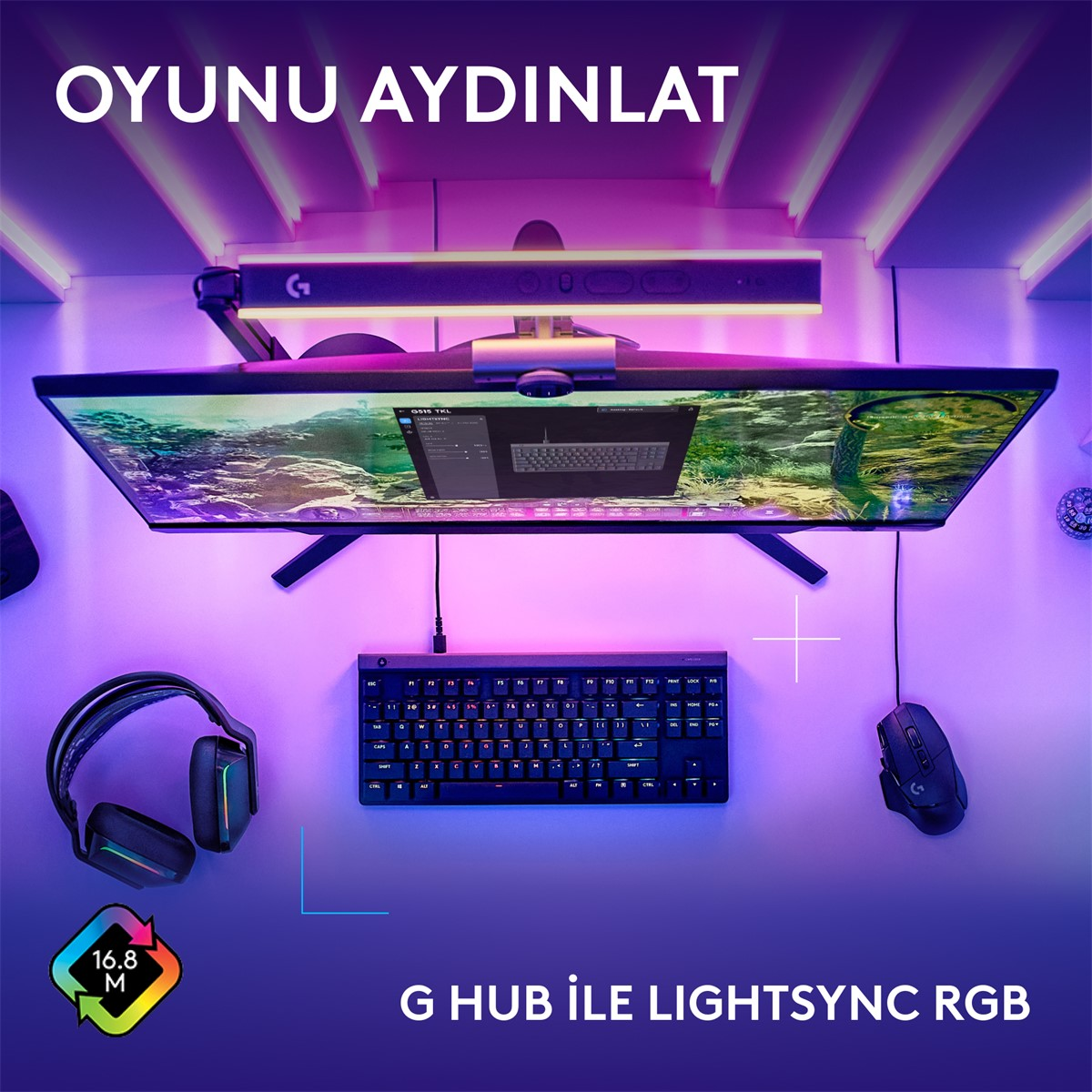 RGB aydınlatmalı, monitörlü, klavyeli ve fareli oyun kurulumu.