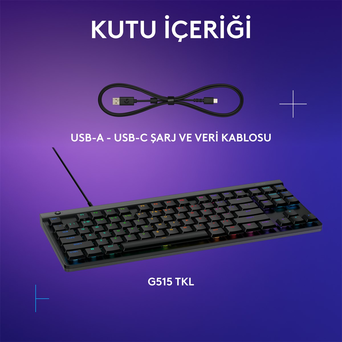 RGB aydınlatmalı siyah klavye ve USB-A - USB-C kablosu.