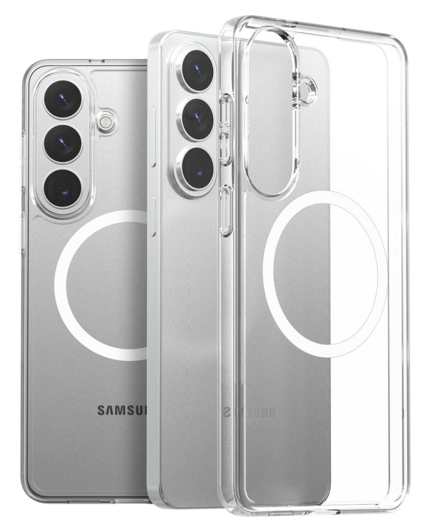 Dwa przezroczyste etui na telefon z modułami aparatu i okrągłym pierścieniem.