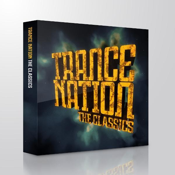 Box mit der Aufschrift "TRANCE NATION THE CLASSICS" vor einem kosmischen Hintergrund.