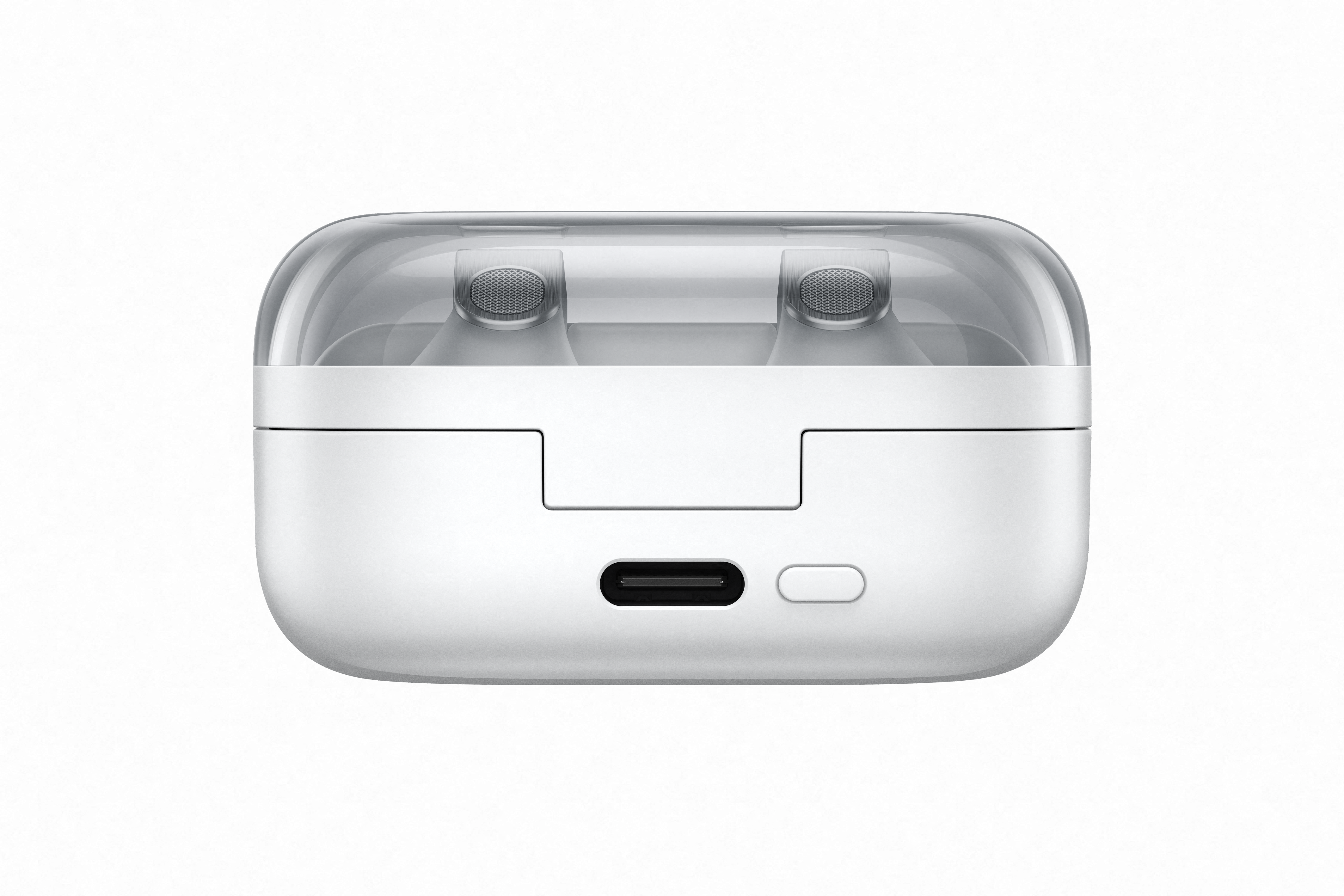 Ein weißes Ladeetui für Ohrhörer mit durchsichtigem Deckel und USB-C-Anschluss.