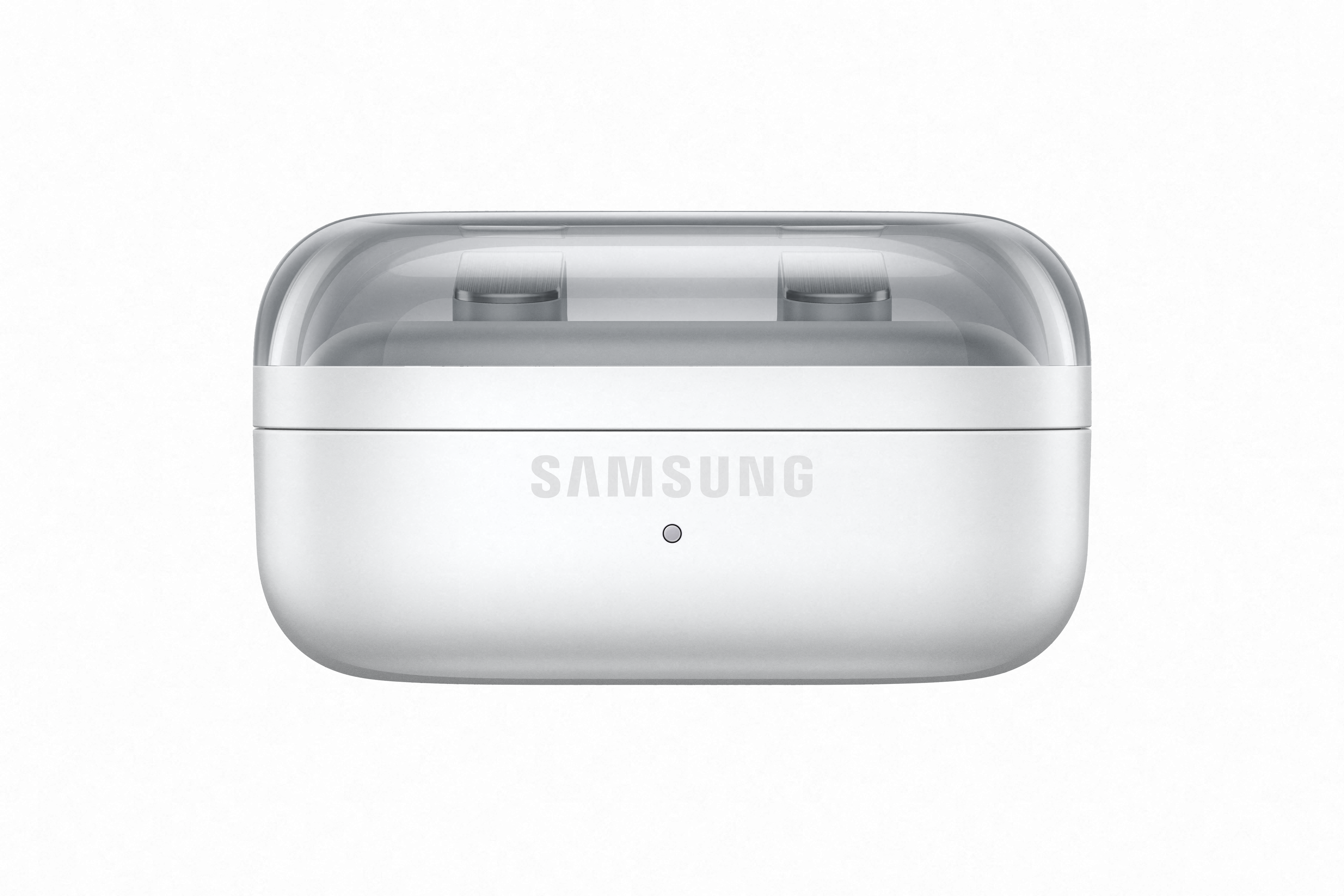 Weiße Samsung Ladehülle mit transparentem Deckel und sichtbaren Ohrhörern.